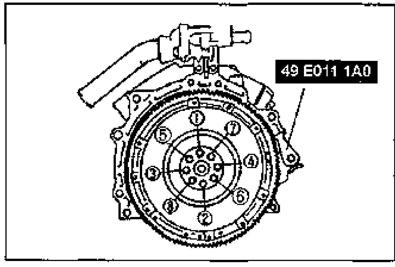 Cross-section drawing showing the assembly order of the adapter, drive plate, and backing plate (ATX) onto the crankshaft.