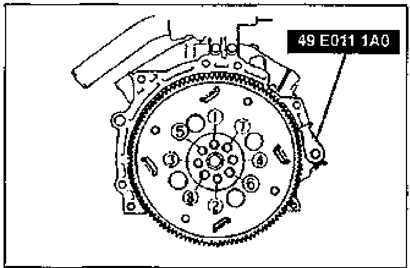Drawing of the drive plate (ATX) installed with SST 49 E011 1A0 holding it; bolt tightening sequence numbered 1 through 8.