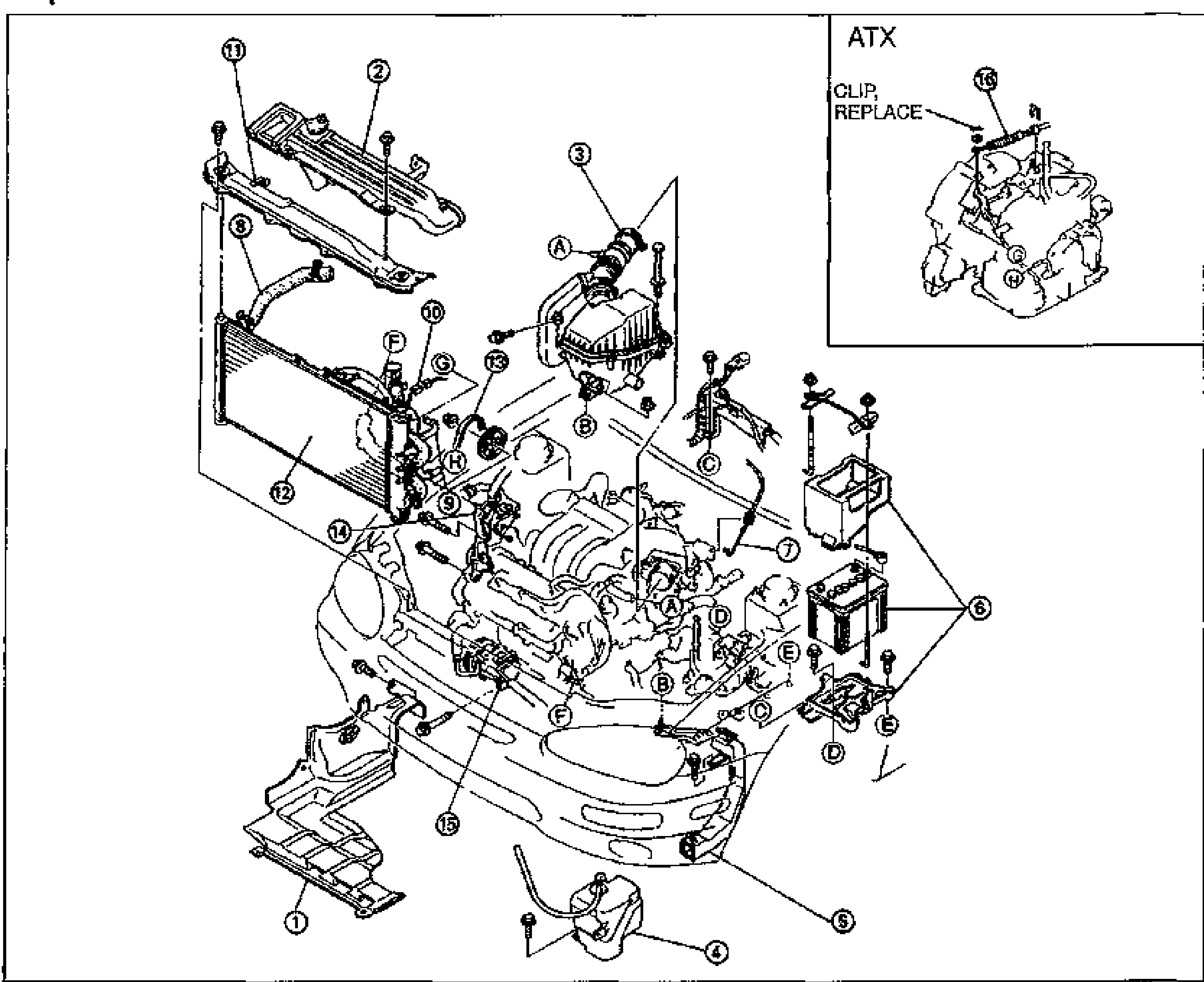 Large exploded engine-bay view (Step 1) for engine removal, showing the front of the car with numerous numbered callouts (1-16) for components to remove in order: splash shield, fresh-air duct, air cleaner assembly, coolant reservoir, battery duct, battery and carrier, accelerator cable, radiator hose, oil cooler hose, coolant fan motor connector, shroud upper panel, radiator and coolant fan assembly, drive belt, P/S oil pump, A/C compressor, control cable. Lettered points (A-H) mark connection/clip locations. Inset (top-right, labeled ATX) shows the control cable (16) with a CLIP marked REPLACE.