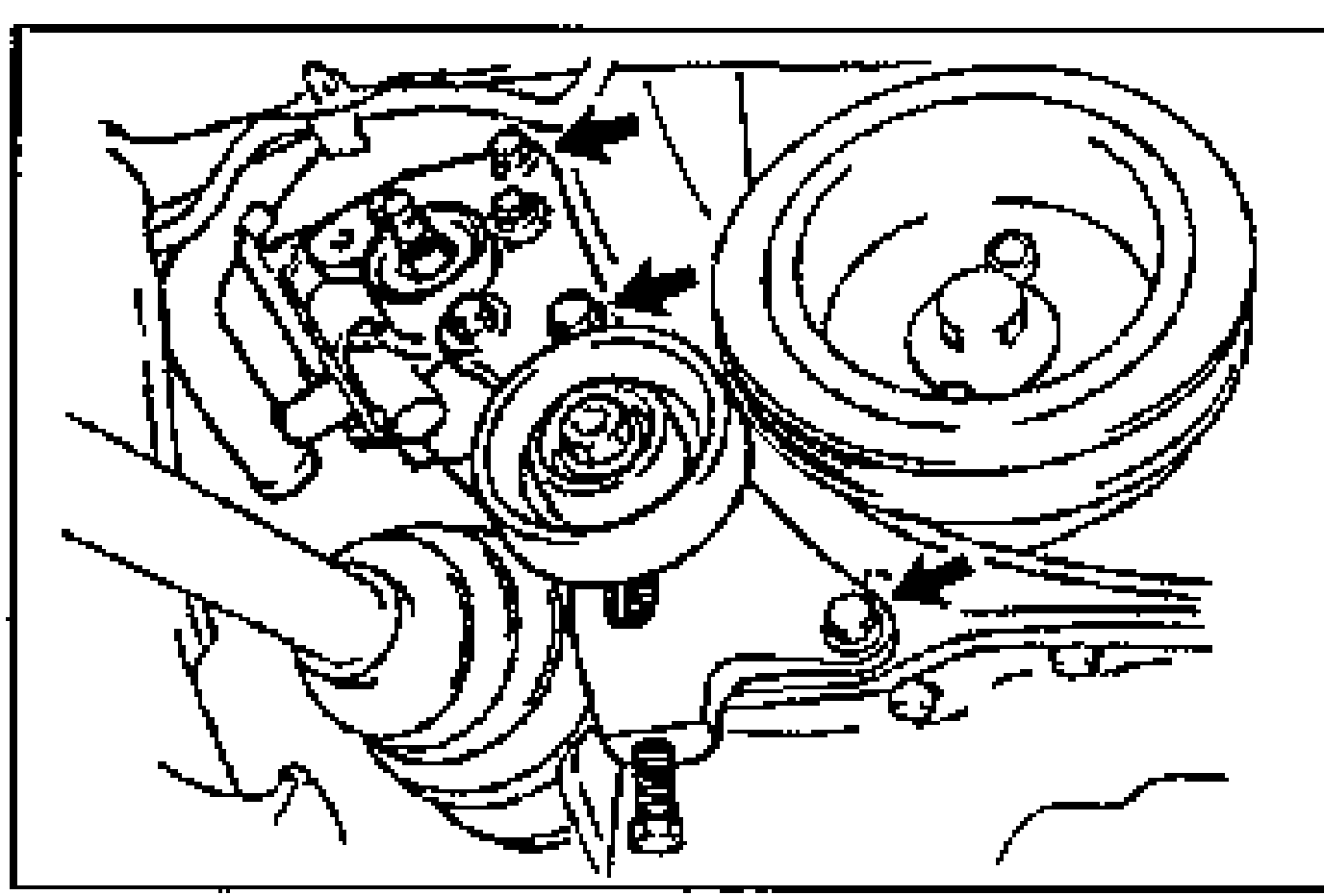 Line drawing of the P/S oil pump and pulley with three arrows pointing to mounting bolts to be removed.