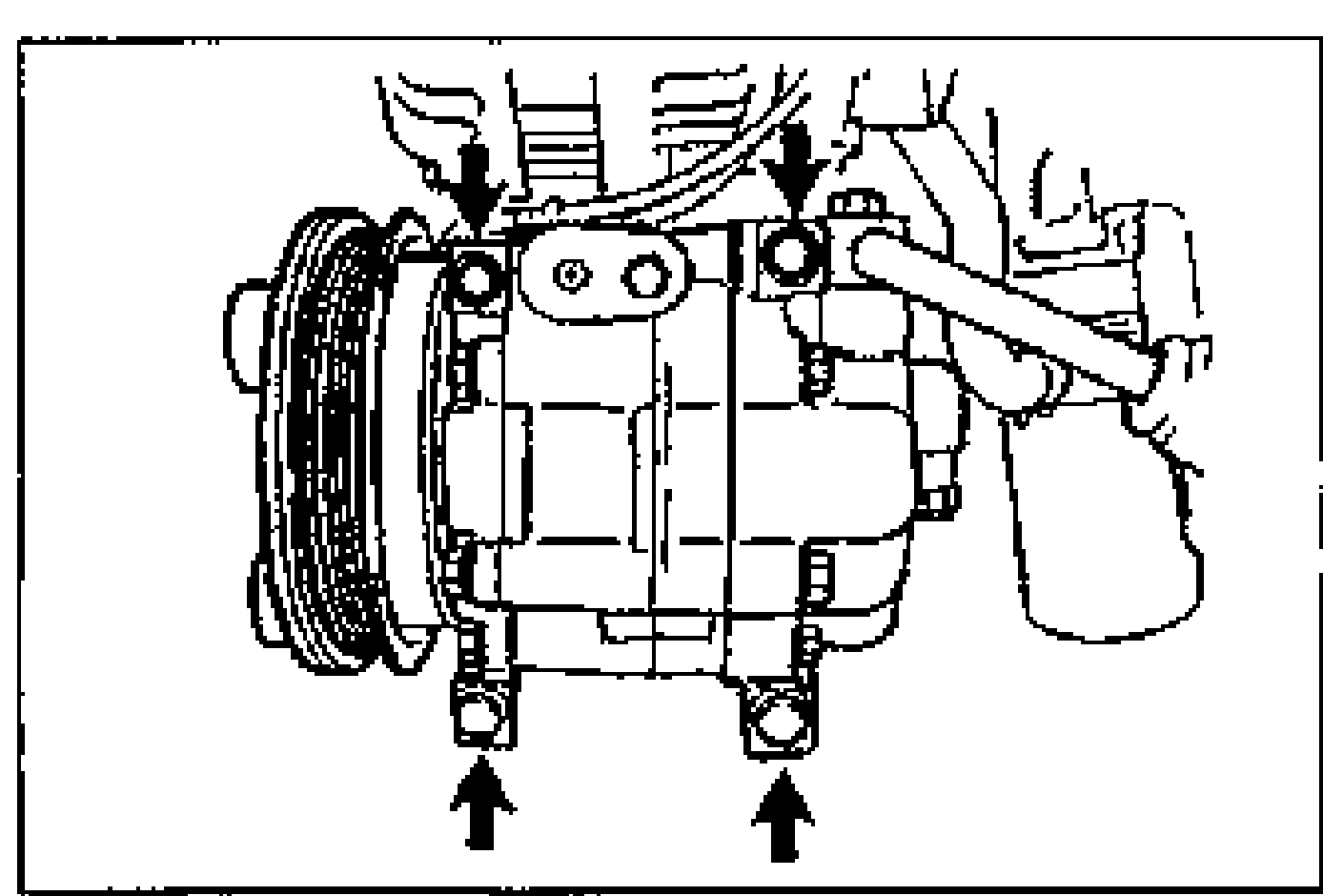 Line drawing of the A/C compressor with four arrows pointing to its mounting bolt locations (two top, two bottom). Shows the multi-groove pulley on the left.