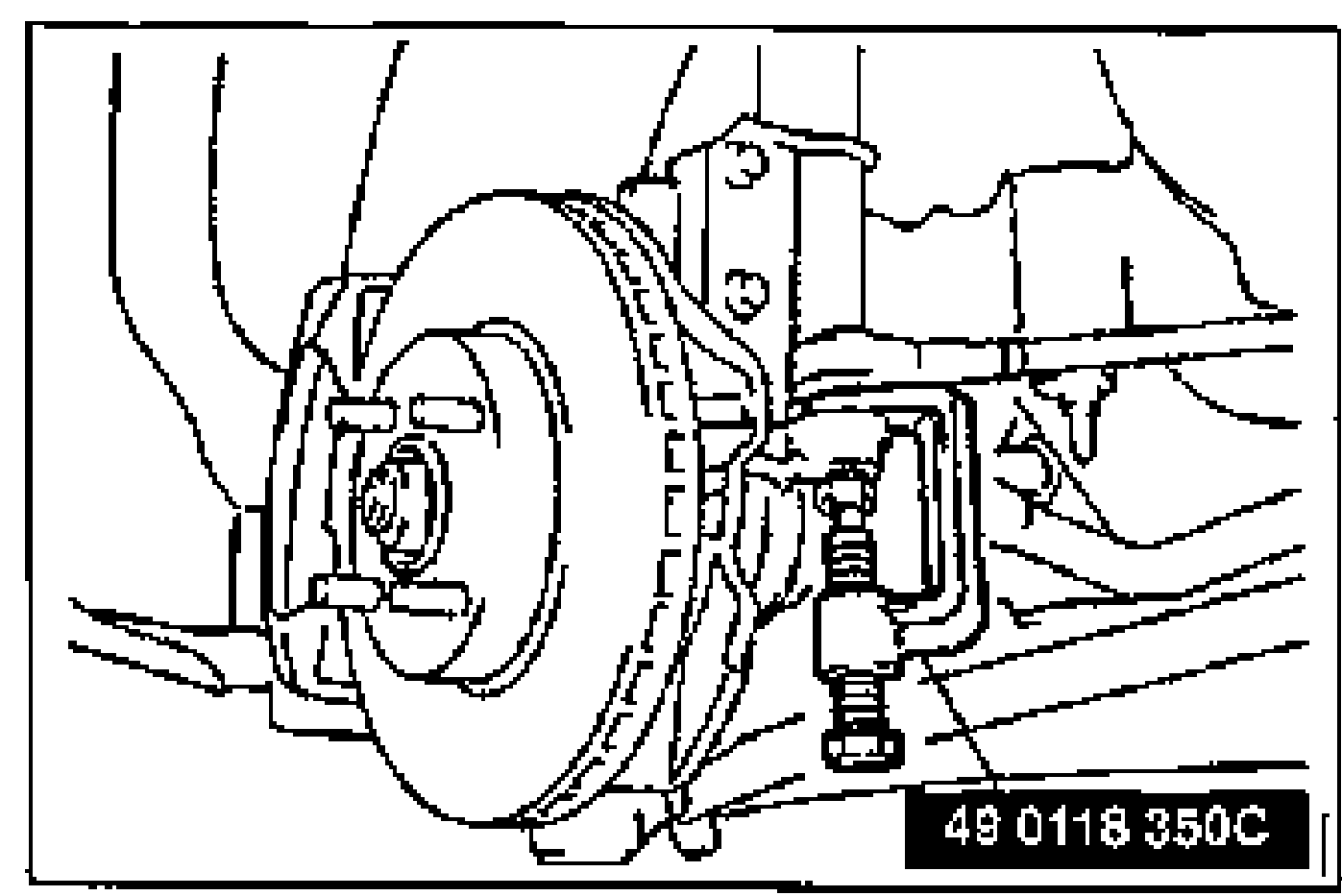 Line drawing of the front wheel hub/disc, knuckle arm and tie-rod end ball joint; SST 49 0118 350C is used to separate the knuckle arm and ball joint.
