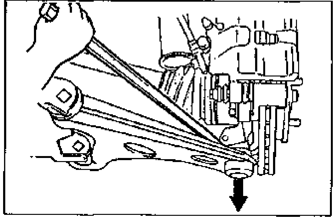 Line drawing showing prying the lower arm downward (black arrow) to separate it from the knuckle.