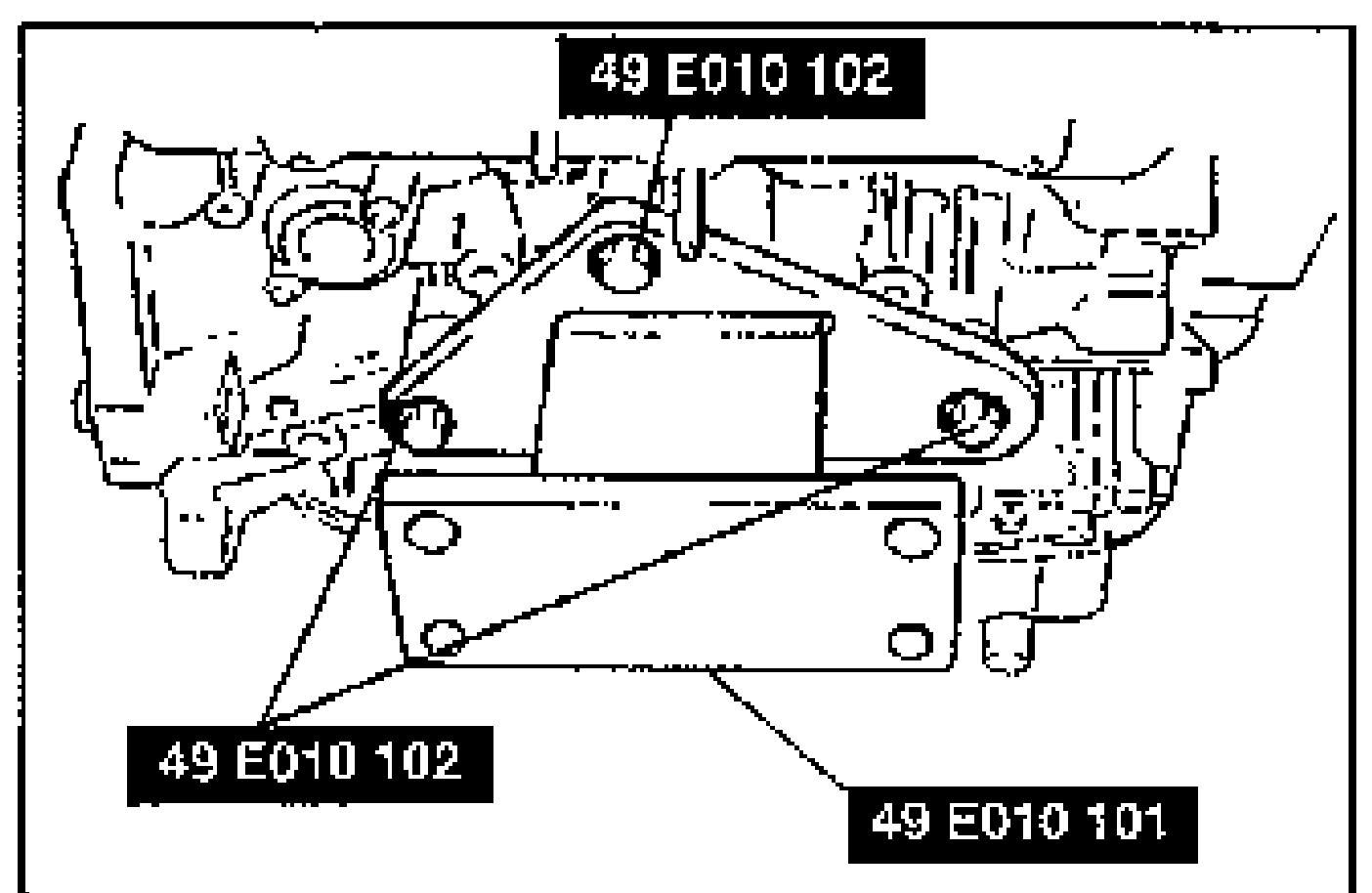 Photo showing the SST hanger (body 49 E010 101) installed on the engine at the indicated positions, secured with bolts 49 E010 102.