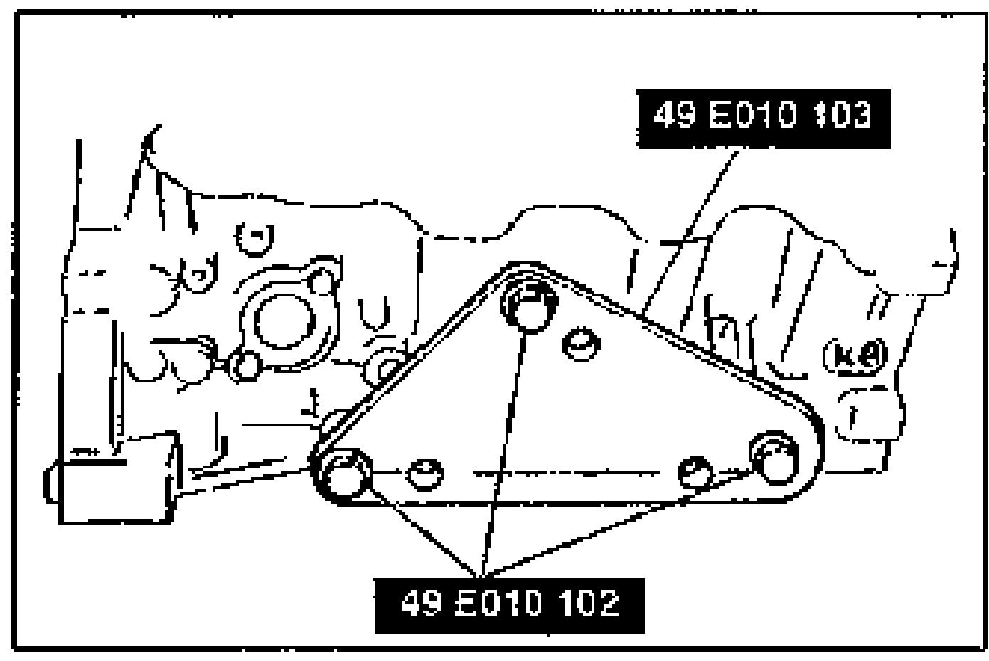 Photo for the 49 E010 1A1 / 49 L010 1A0 alternative, showing the hanger 49 E010 103 installed and secured with bolts 49 E010 102.
