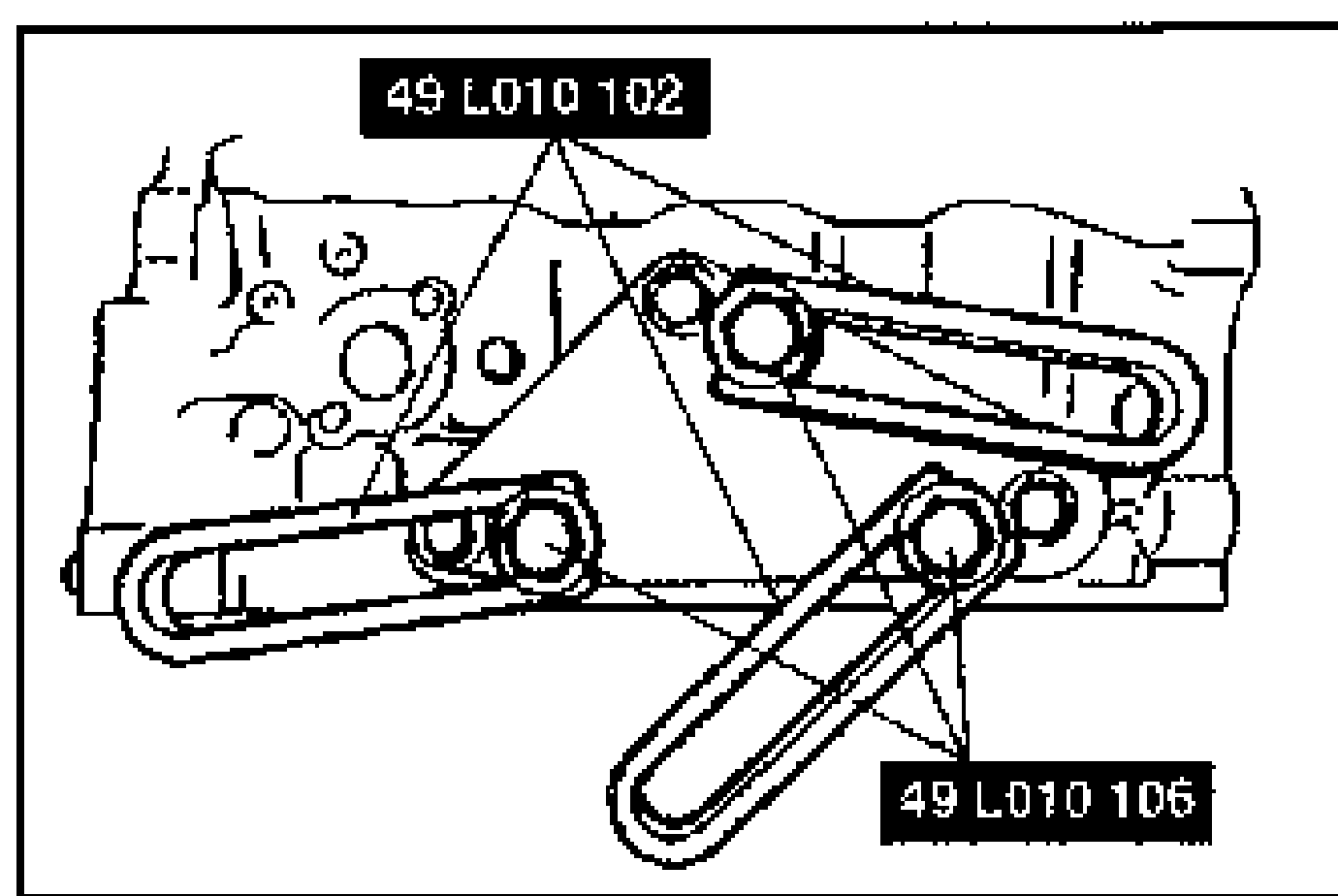 Photo of the SST arms (49 L010 102) installed to the holes on the engine block and hand tightened with SST bolts (49 L010 106).