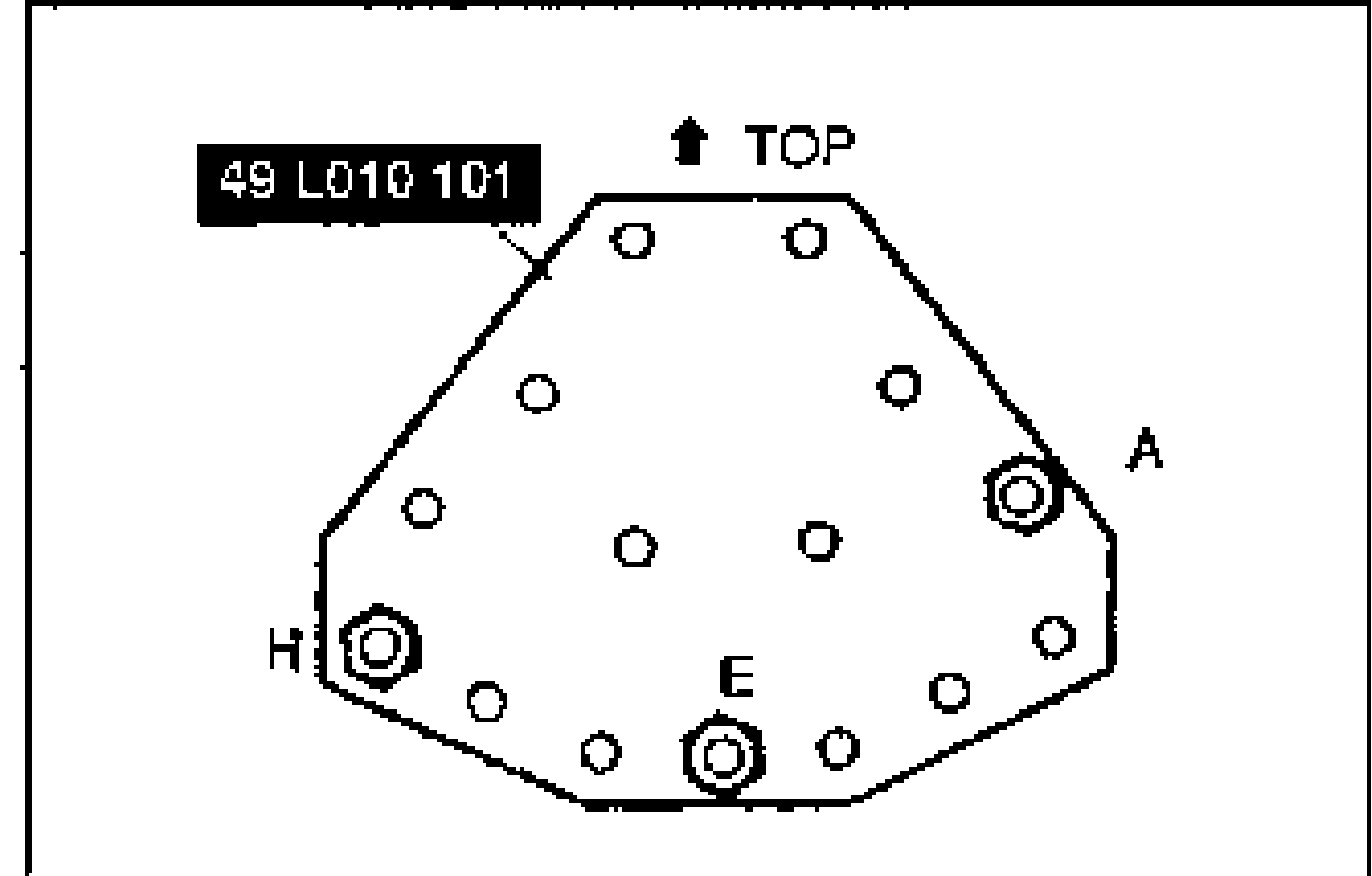 Illustration of the SST plate (49 L010 101) showing the bolt-hole pattern, the TOP orientation arrow, and lettered hole positions A, E and H.