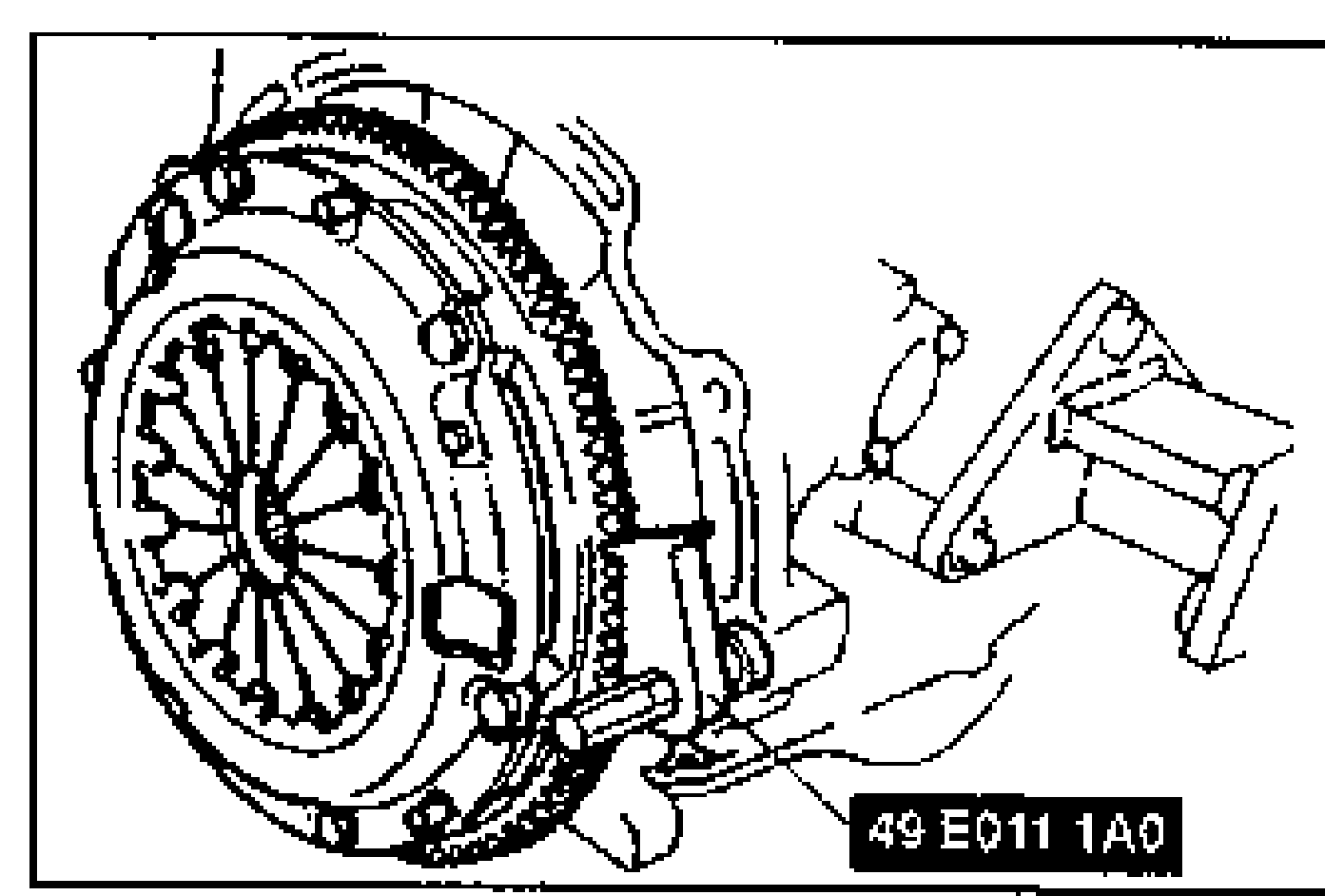 Photo of the flywheel/clutch assembly with an SST (49 E011 1A0) holding the flywheel/drive plate during crankshaft pulley bolt removal.