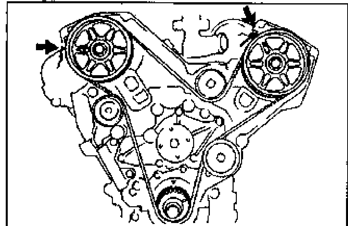 Front view of the two camshaft pulleys with arrows pointing to the timing marks, showing how to align them by turning the crankshaft clockwise.