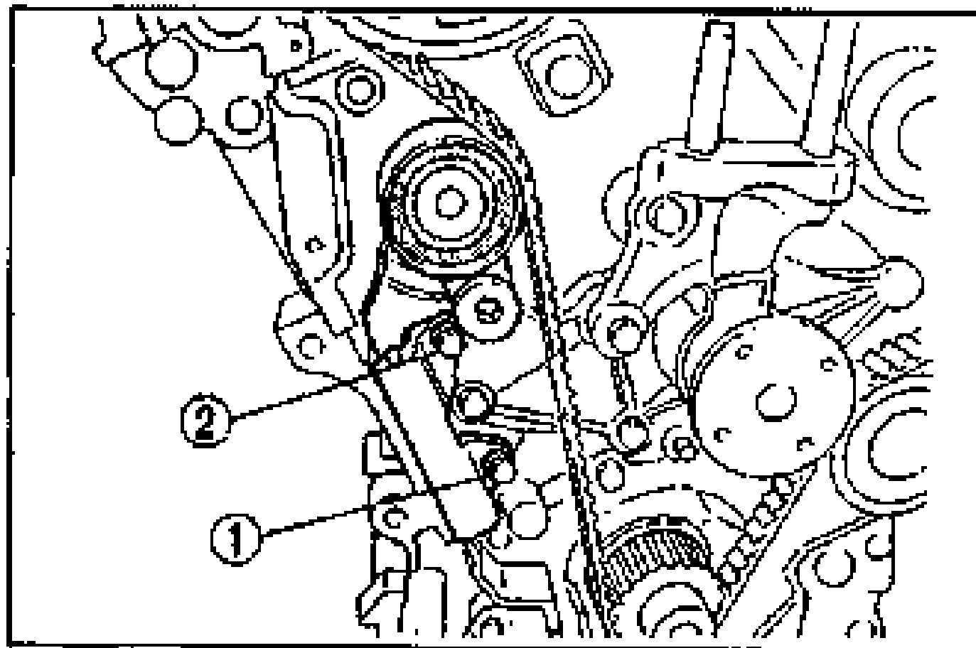 Drawing of the auto tensioner area with callouts 1 and 2 indicating the bolt loosening order; remove auto tensioner bolts gradually in five or six steps.