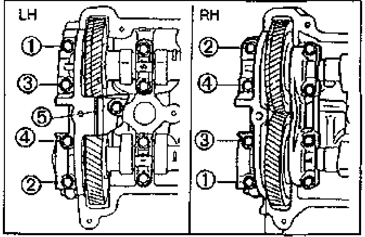 Front camshaft cap bolt loosening order for LH (callouts 1,3,5,4,2) and RH (callouts 2,4,3,1) cylinder heads, loosened in five or six steps.