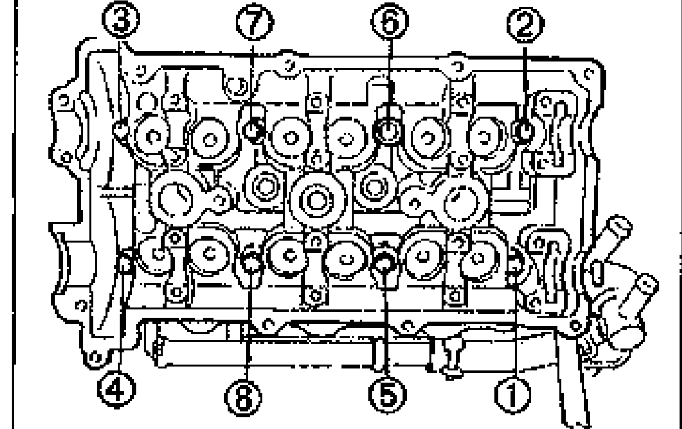 Cylinder head top view showing the cylinder head bolt loosening sequence numbered 1 through 8.