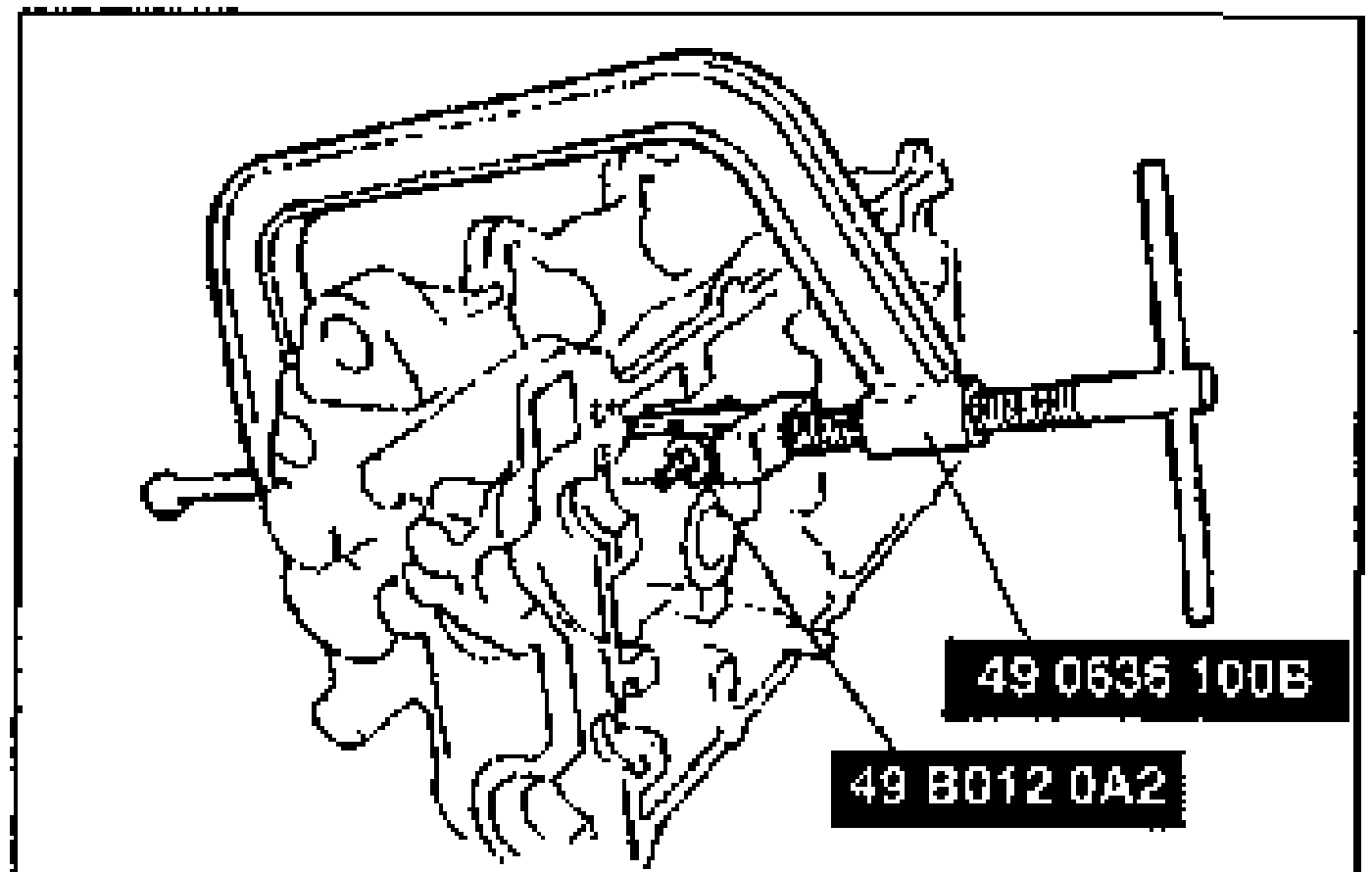 Valve spring compressor SST (49 0636 100B and 49 B012 0A2) set against the upper valve spring seat to compress the spring and remove the valve keepers.