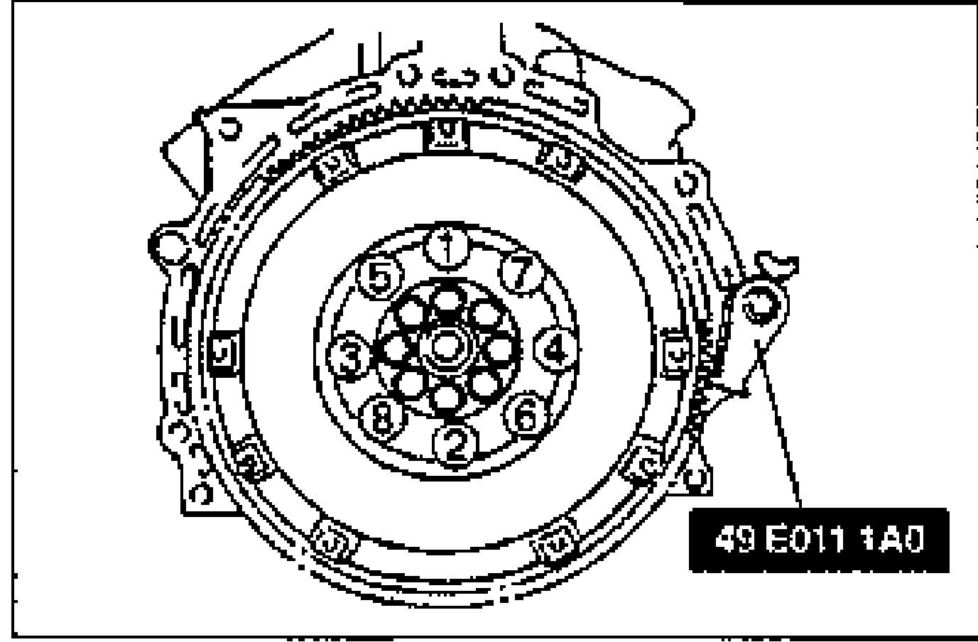 Flywheel face view showing the flywheel bolt loosening order numbered 1-8, with the SST (49 E011 1A0) holding the flywheel.