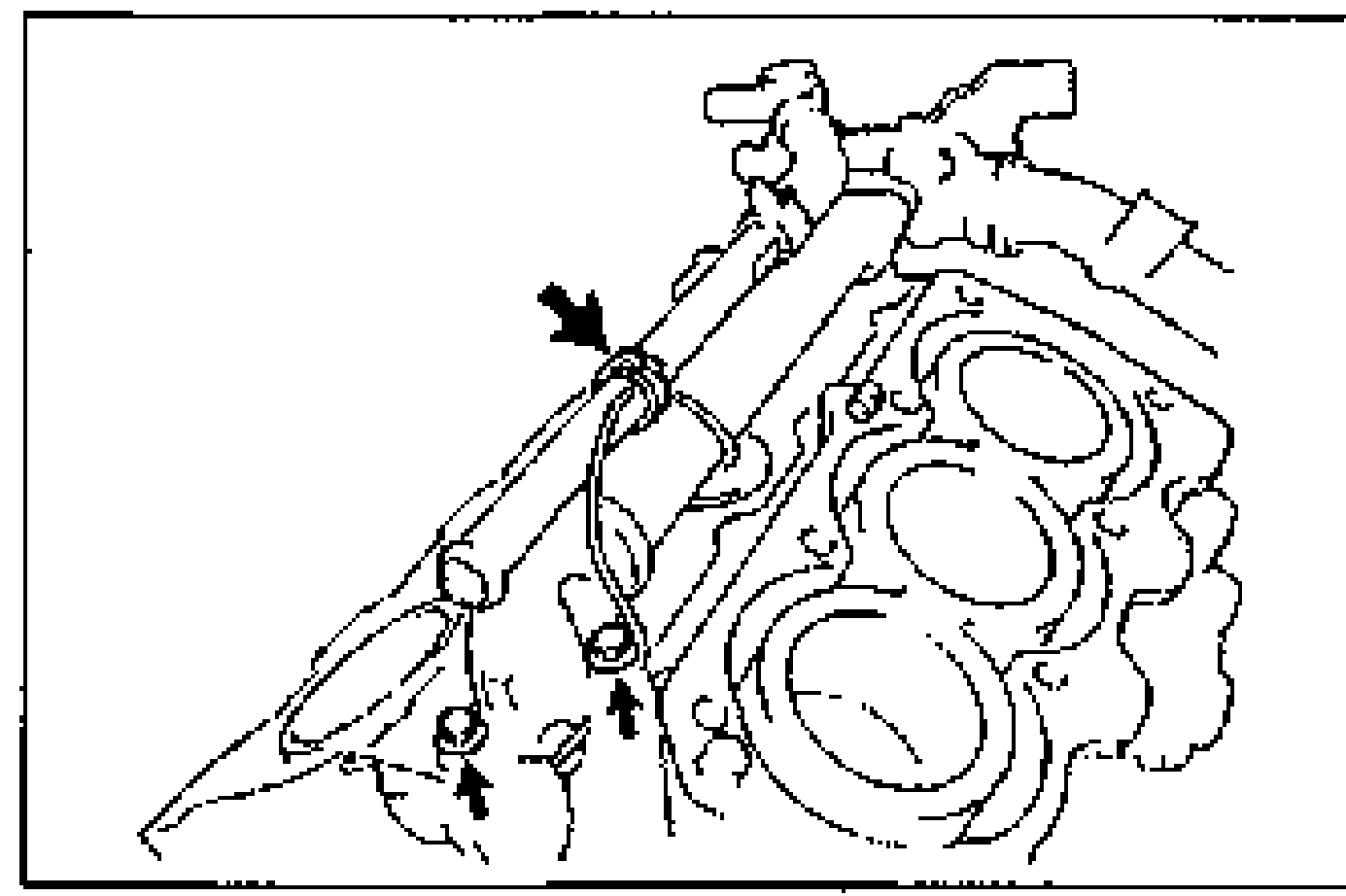 Drawing of the cylinder block with arrows showing where to disconnect the clip and separate the knock sensor harness from the water pipe.