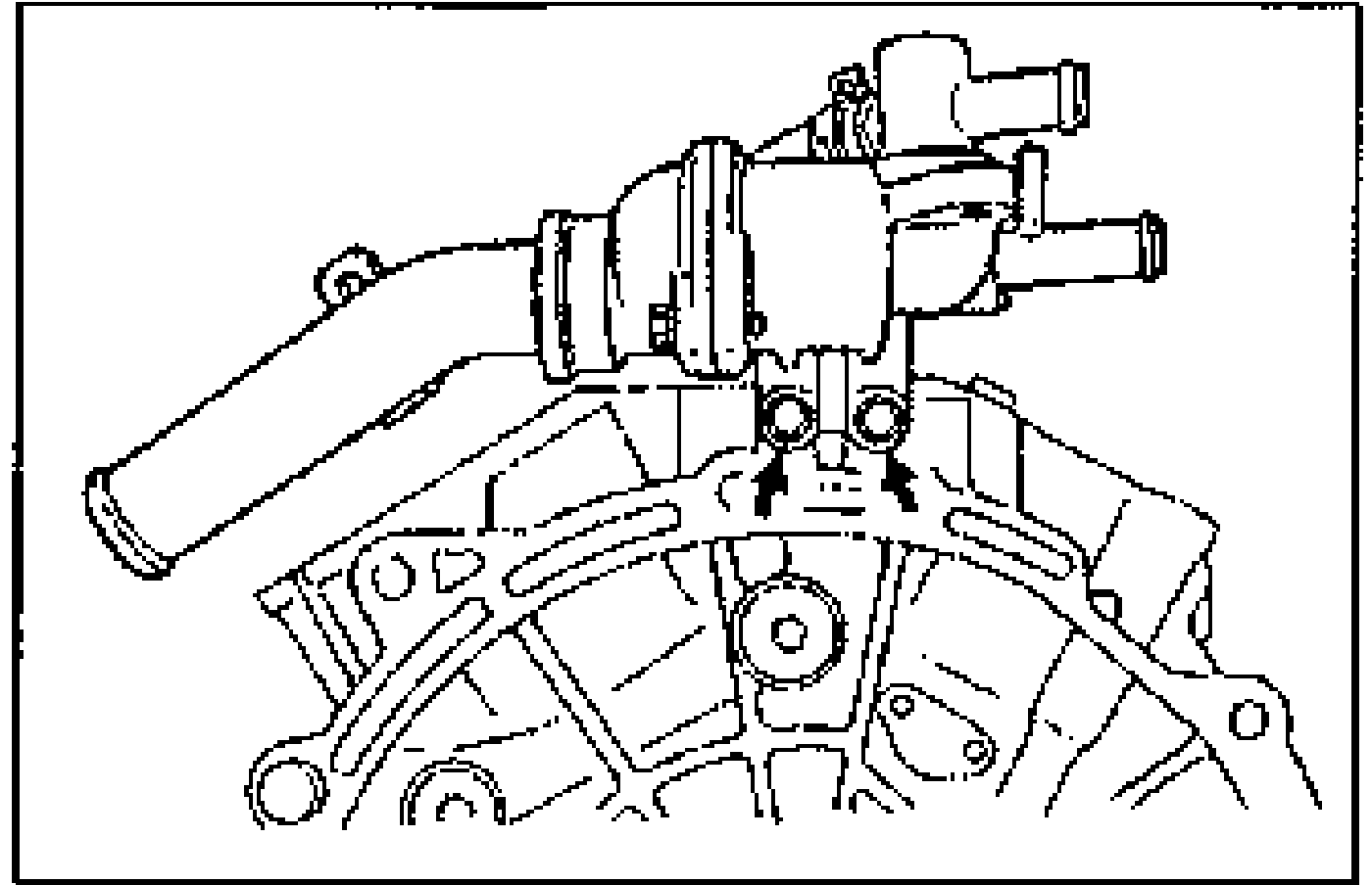 Drawing of the water pipe and thermostat housing assembly with arrows pointing to the mounting bolts, to be removed as an assembly.