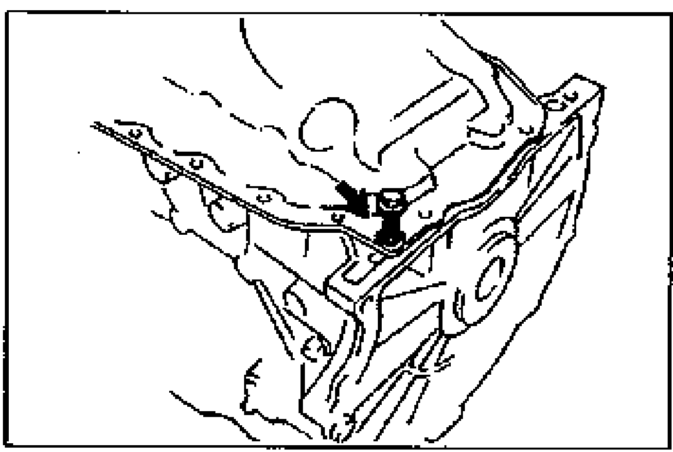 Drawing of the oil pan and lower cylinder block with an arrow showing a bolt turned into the bolt hole to create a small gap to separate the oil pan.