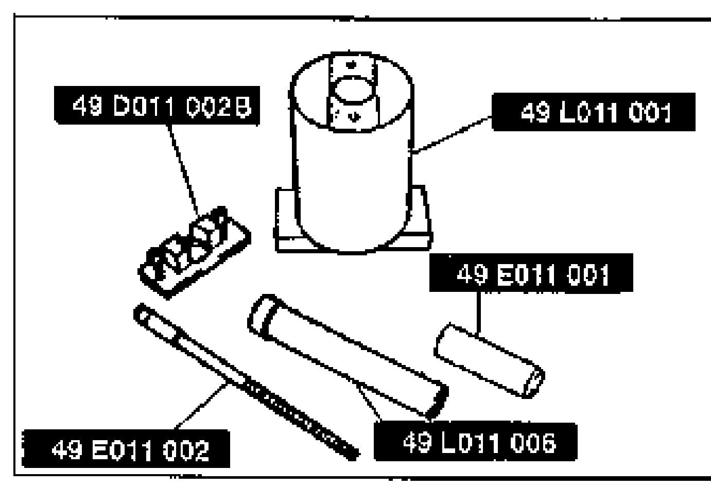 Line drawing of the special service tools (SSTs) used for piston pin removal: a guide sleeve, a base, supports and drift. Labelled with SST numbers 49 D011 002B, 49 L011 001, 49 E011 001, 49 E011 002 and 49 L011 006.