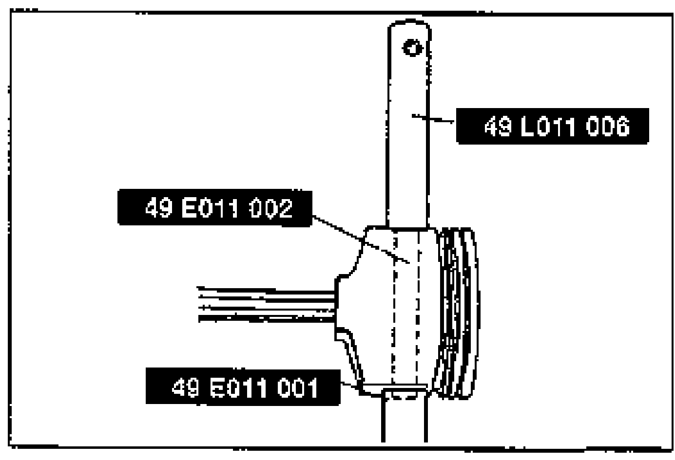 Line drawing showing the SST 49 L011 006 handle, 49 E011 002 and 49 E011 001 being inserted into the piston pin.