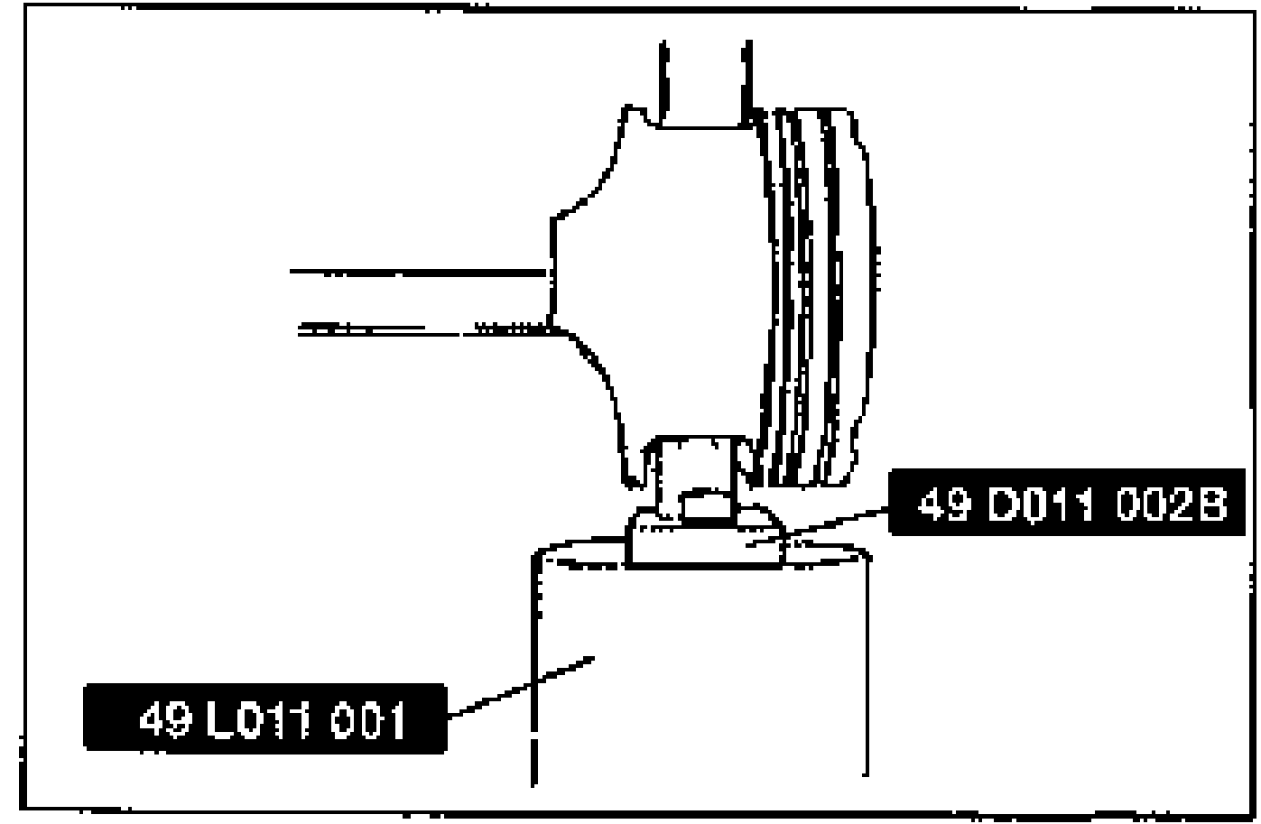 Line drawing verifying the SST 49 D011 002B fits squarely into the piston, set on the 49 L011 001 base before pressing.