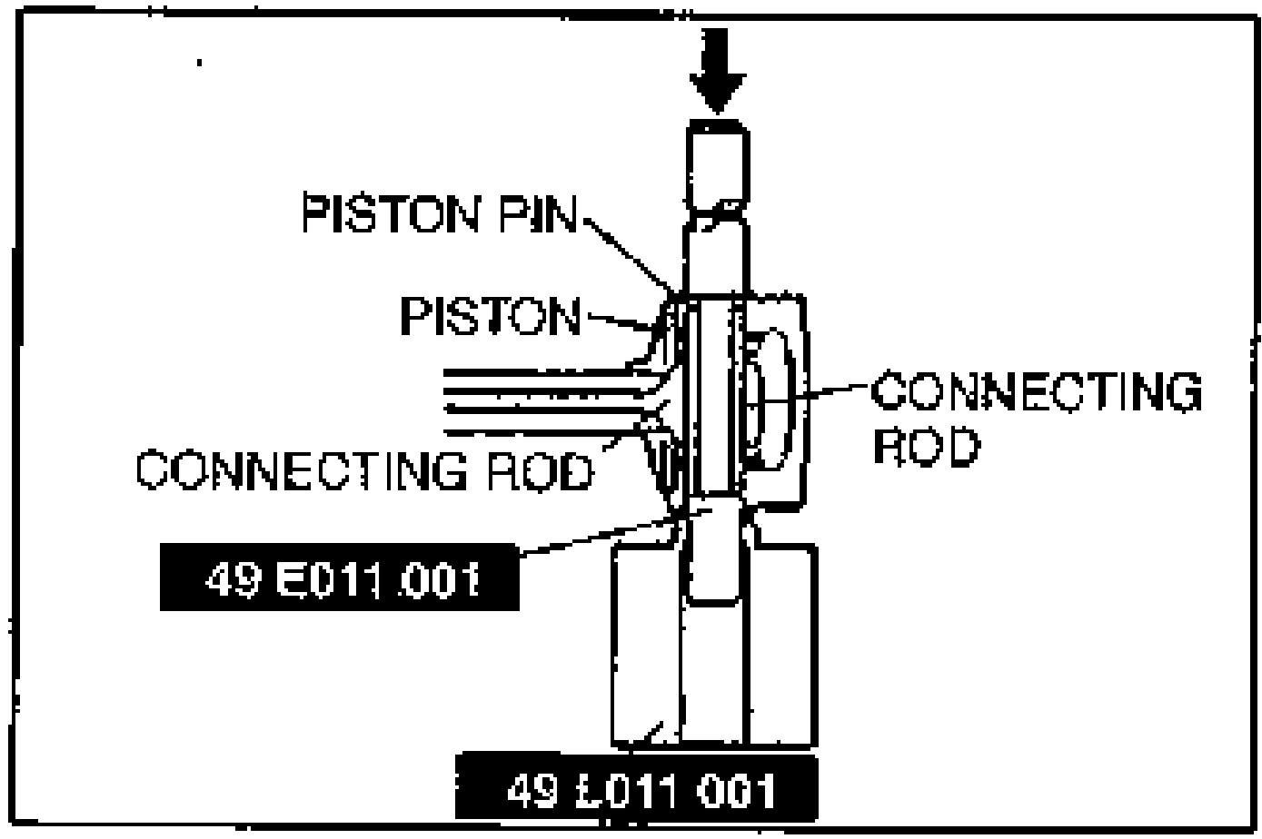 Line drawing of the piston and connecting rod set on the SST under a press (downward arrow), labelled PISTON PIN, PISTON, CONNECTING ROD, with SST 49 E011 001 and 49 L011 001.