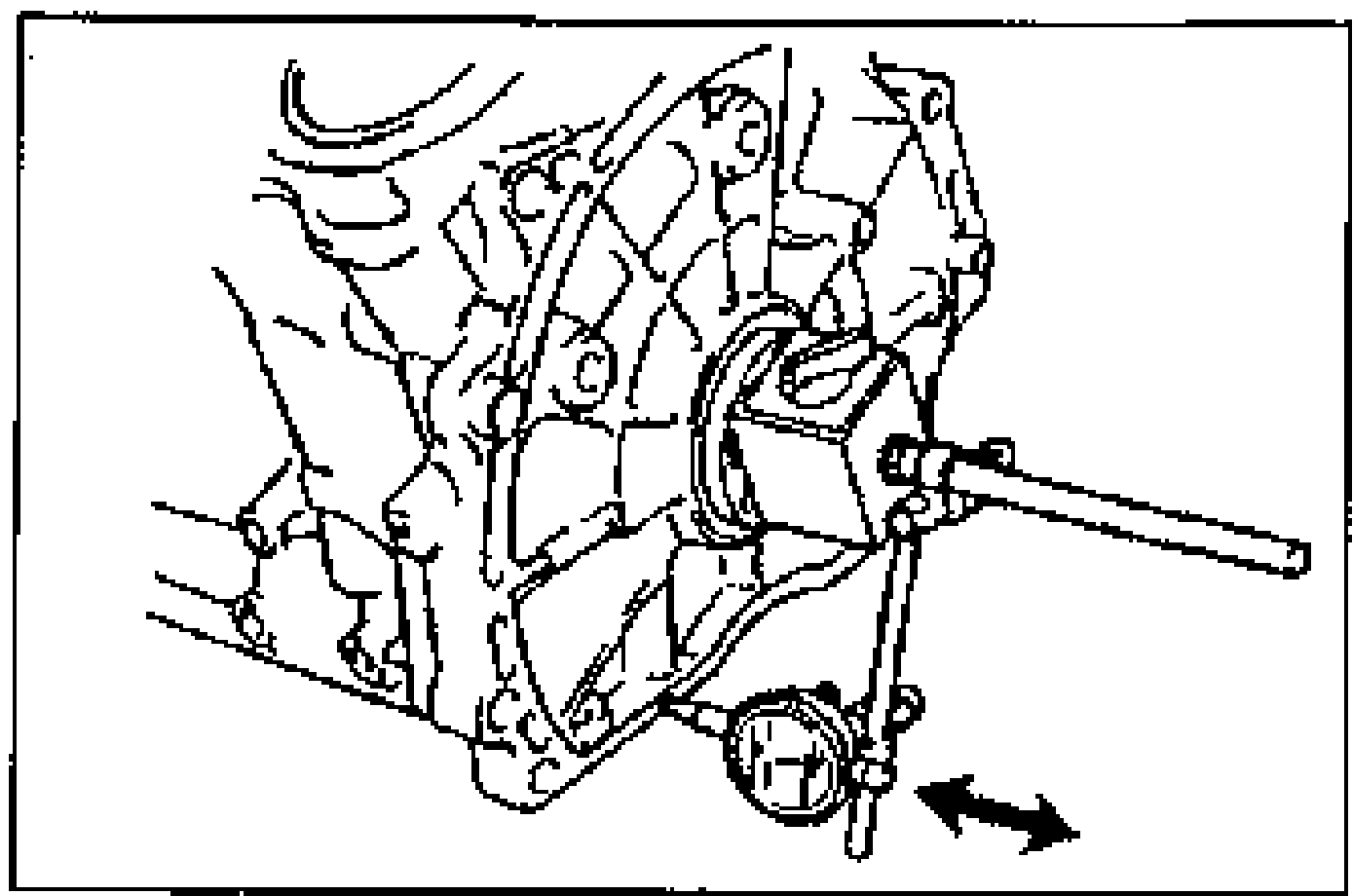 Line drawing of the engine block measuring crankshaft end play with a dial gauge, double-headed arrow showing axial direction, prior to removing the lower cylinder block.