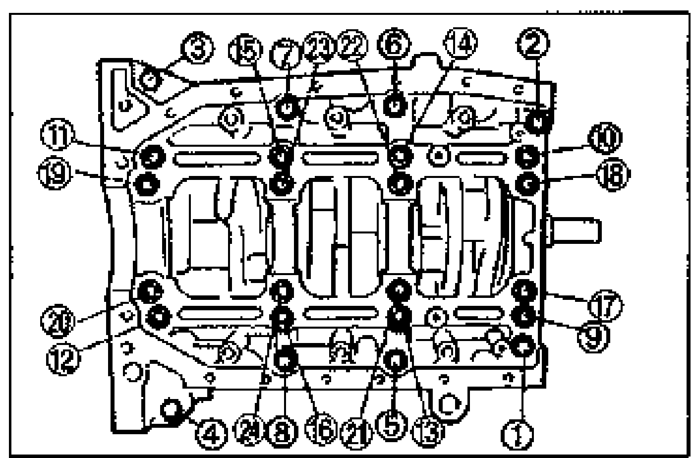 Line drawing of the lower cylinder block / crankshaft cap area viewed from below, with numbered balloon callouts (1 through 22) indicating the loosening sequence for the cylinder block bolts and crankshaft cap bolts.