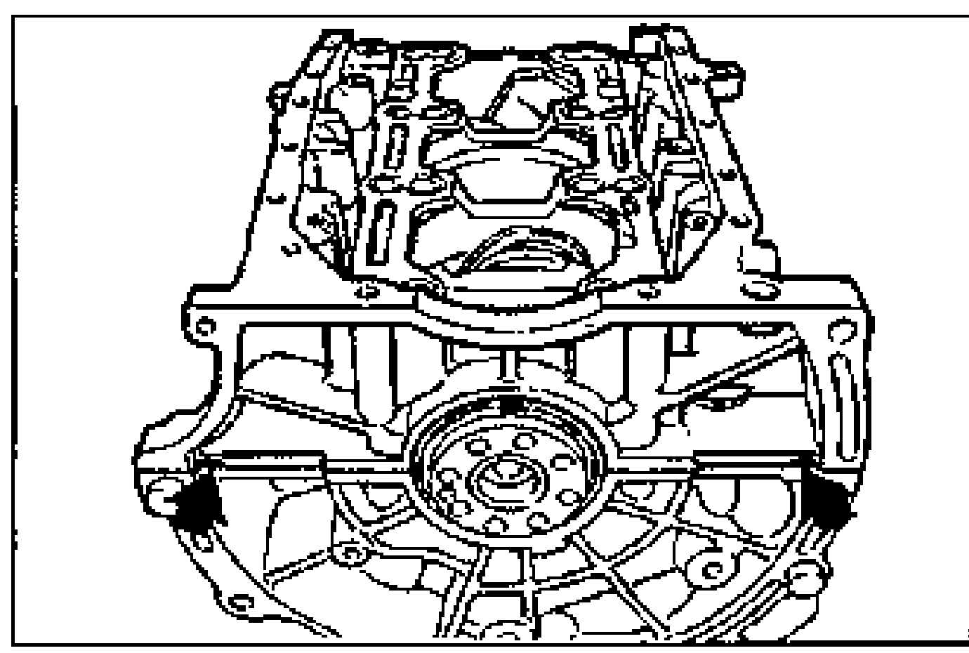 Line drawing of the lower cylinder block being pried loose; a screwdriver is inserted at the designated pry points (highlighted at two corners of the block) to separate the lower cylinder block.