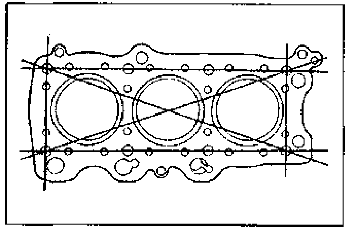 Line drawing of the cylinder head gasket face (3-cylinder bank) overlaid with six measurement lines (three across and the two diagonals plus longitudinal) showing the six directions in which to measure the cylinder head for distortion with a straightedge and feeler gauge.