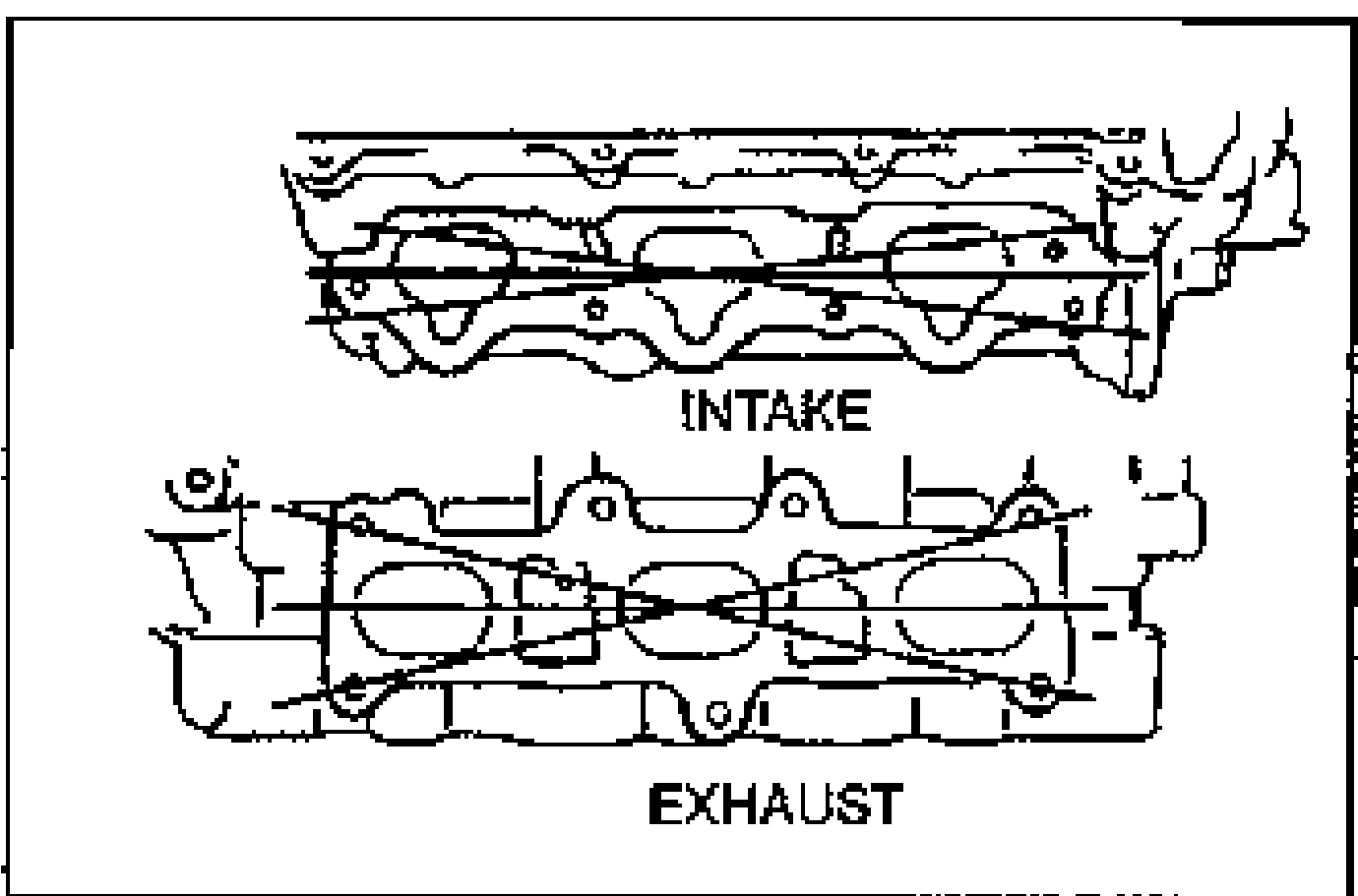 Two stacked line drawings of the cylinder head INTAKE (top) and EXHAUST (bottom) manifold contact surfaces, each overlaid with six measurement lines showing the six directions to measure for distortion.