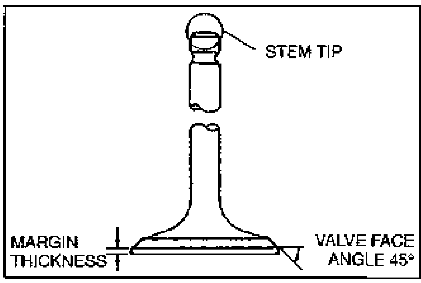 Line drawing of a valve, labelling the STEM TIP at top, MARGIN THICKNESS at the valve head, and the VALVE FACE ANGLE 45° on the seating face.