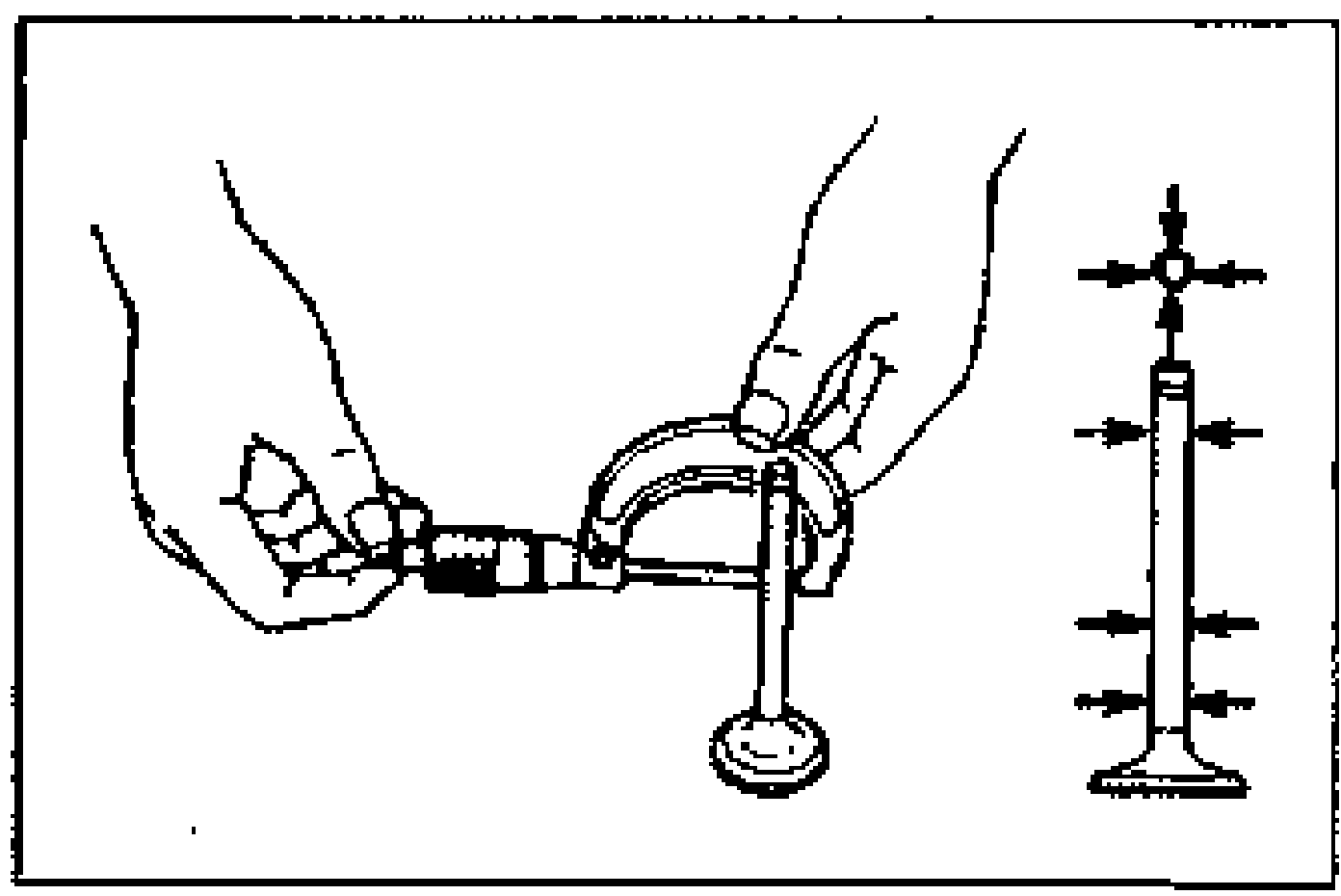 Line drawing of hands measuring a valve length with a vernier caliper; alongside, a valve with arrows indicating the length and stem diameter measurement points.
