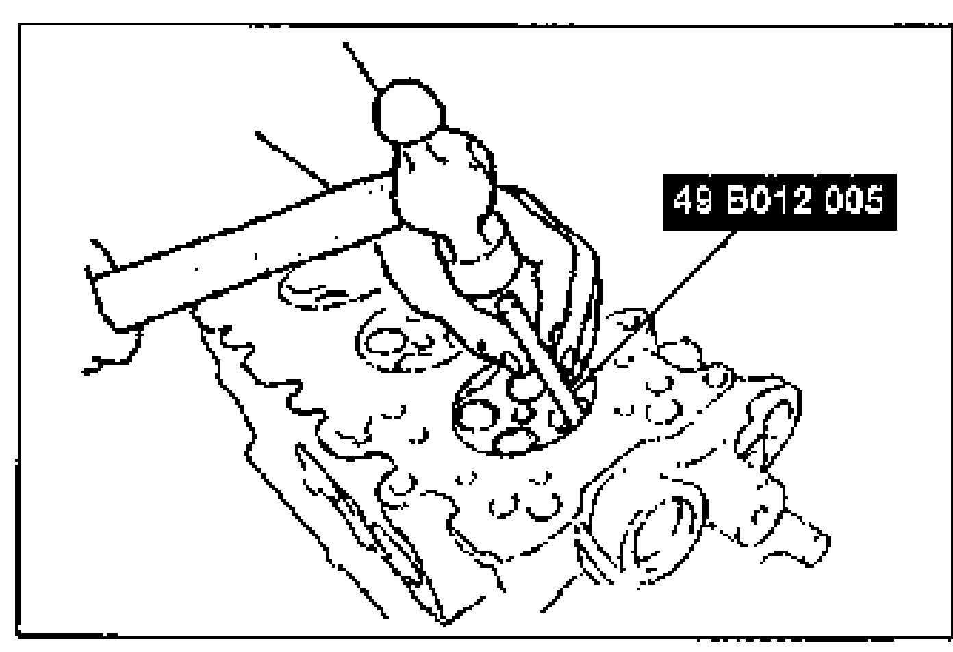 Line drawing of removing the valve guide from the combustion chamber side by driving the SST 49 B012 005 with a hammer.