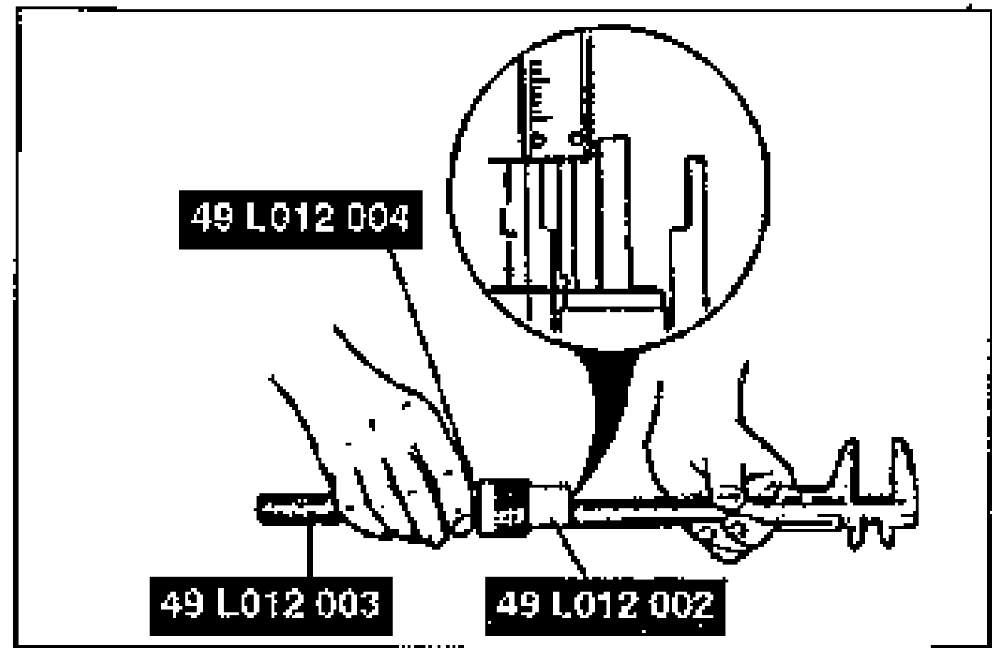 Line drawing of assembling the SST so that depth L is set as specified, with a magnified inset showing a scale; SST parts labelled 49 L012 004, 49 L012 003 and 49 L012 002.
