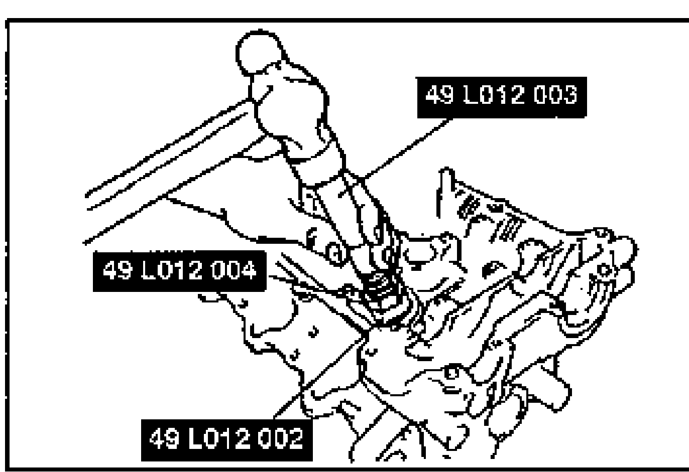 Line drawing of tapping the valve guide in from the side opposite the combustion chamber using the SST until it contacts the cylinder head; SST parts labelled 49 L012 003, 49 L012 004 and 49 L012 002.
