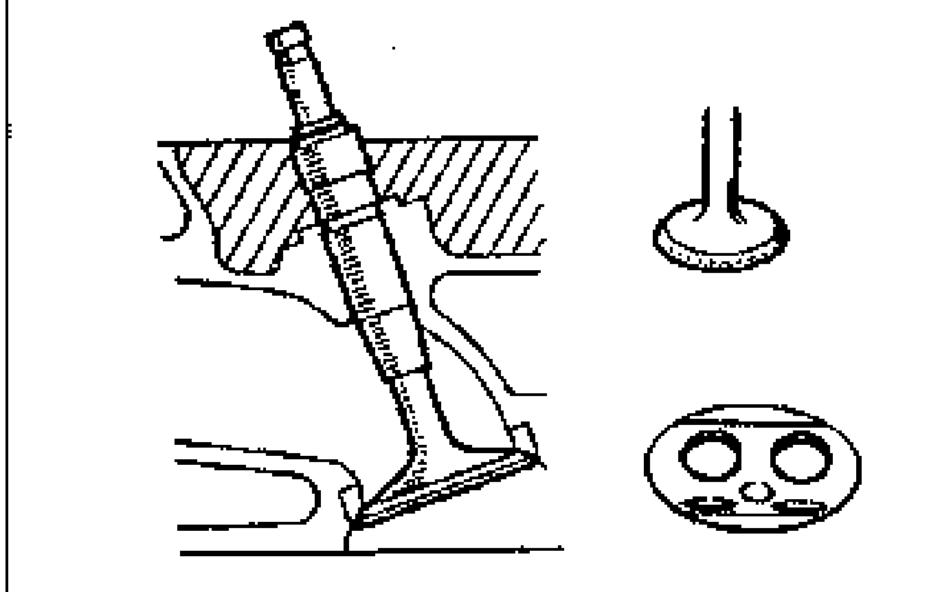 Line drawing of checking valve seating: a cross-section of the valve seated against the cylinder head seat (left), and two valve heads showing the Prussian-blue contact pattern around the valve face (right).