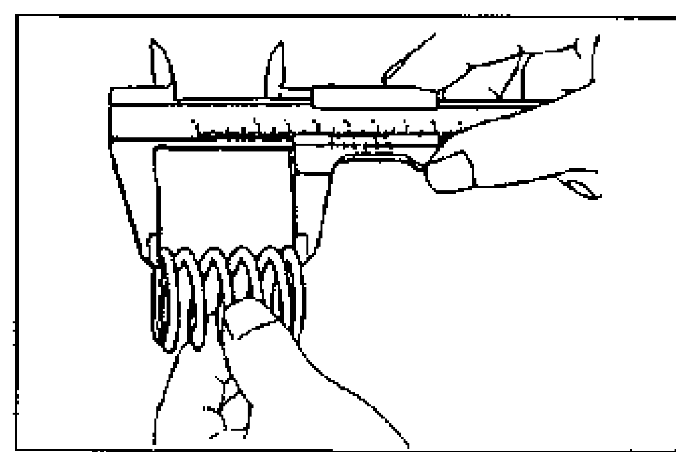 Line drawing of measuring the free length of a valve spring with a vernier caliper.