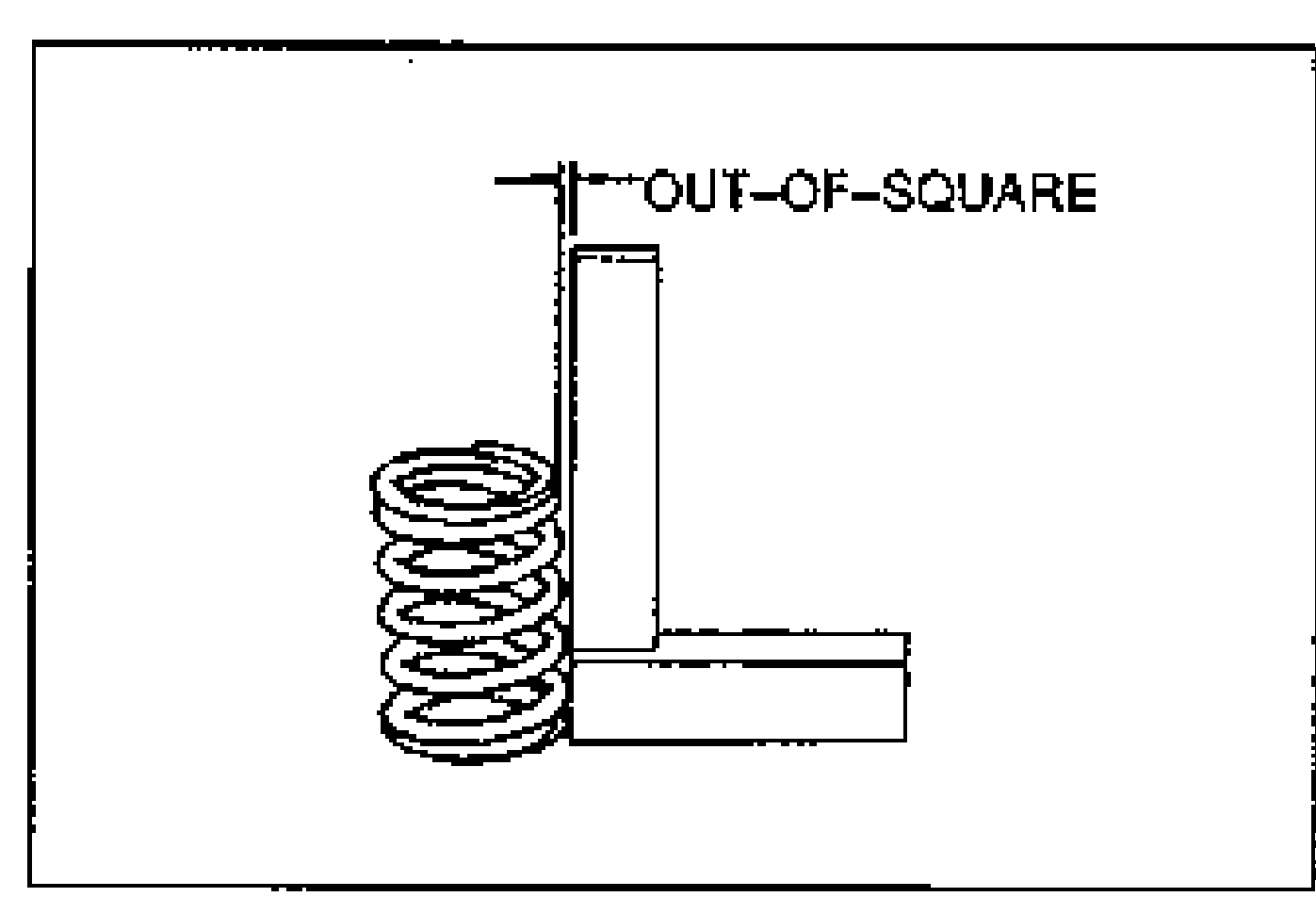 Line drawing of a valve spring stood against a square to check the out-of-square; the gap at the top labelled OUT-OF-SQUARE.