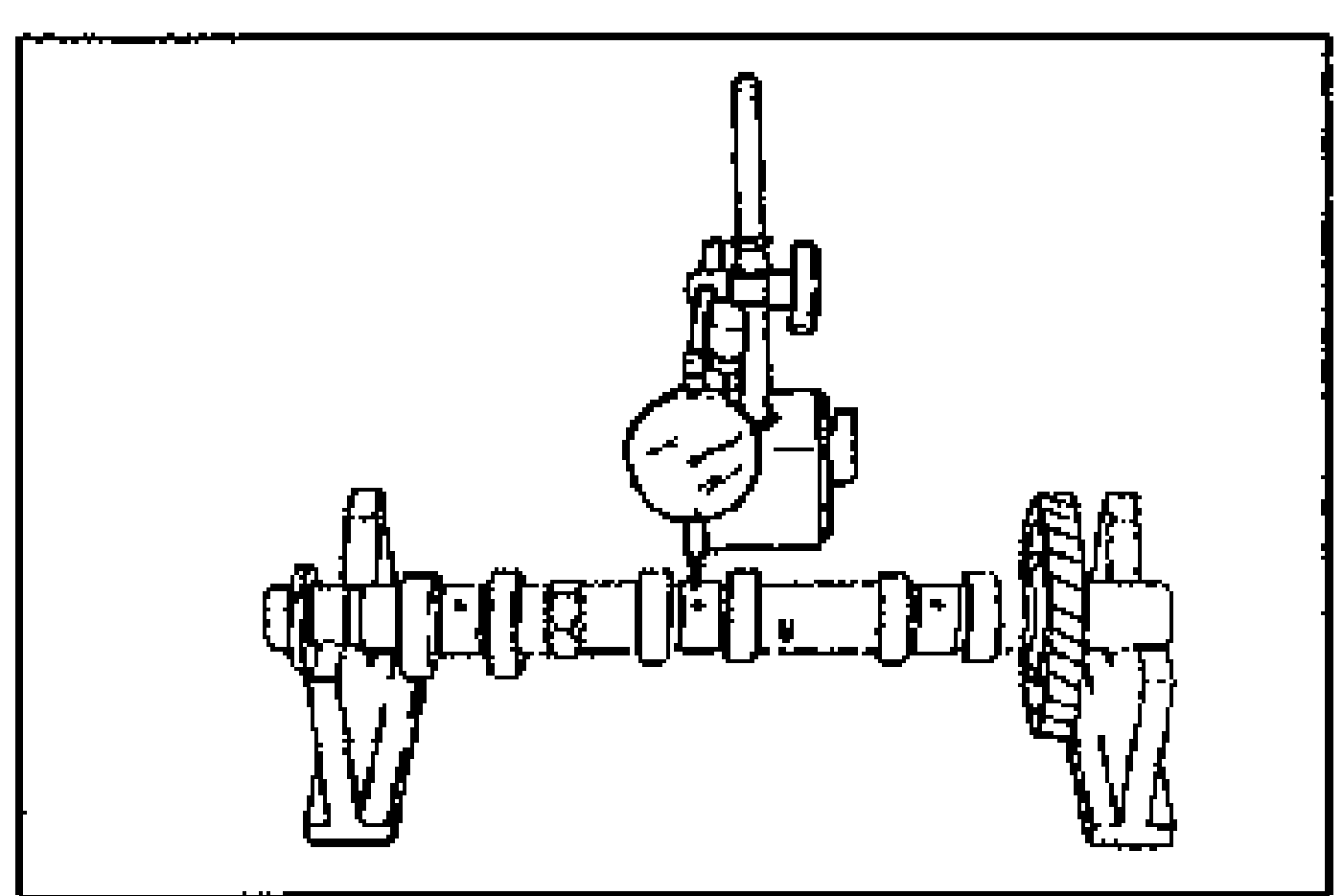 Line drawing of the camshaft set on V-blocks at the No.1 and No.5 journals with a dial indicator measuring camshaft runout.
