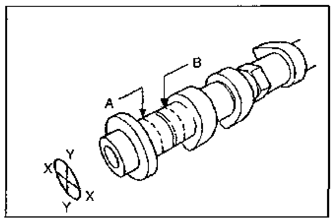 Line drawing of the camshaft with journal measurement points A and B labelled, and an end-view ellipse showing the X and Y measurement directions for journal diameter.