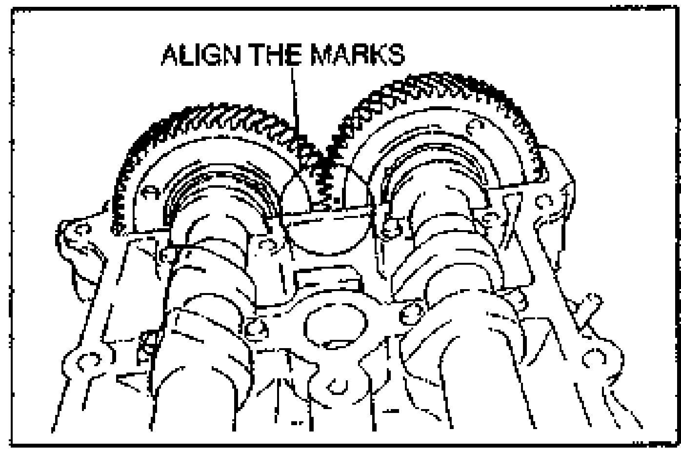 Line drawing of the two camshaft gears in mesh on the cylinder head, with the timing/matching marks to be aligned labelled ALIGN THE MARKS.