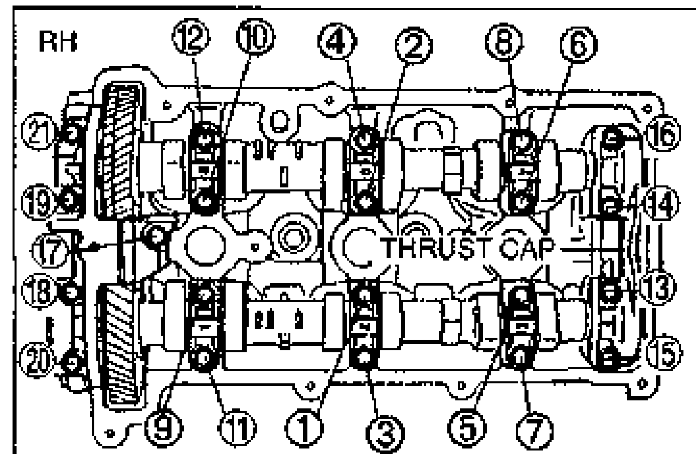 Line drawing of the RH cylinder head camshaft caps from above with the bolt tightening order balloons (1 through 21) and the THRUST CAP labelled at center.