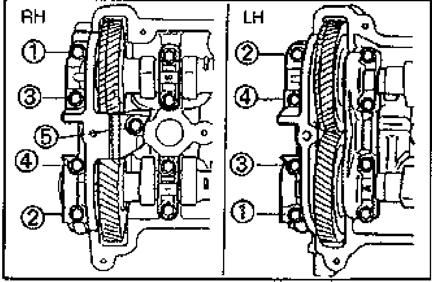 Two line drawings of the RH (left) and LH (right) cylinder head camshaft cap loosening order balloons (1 through 5+) for removal.