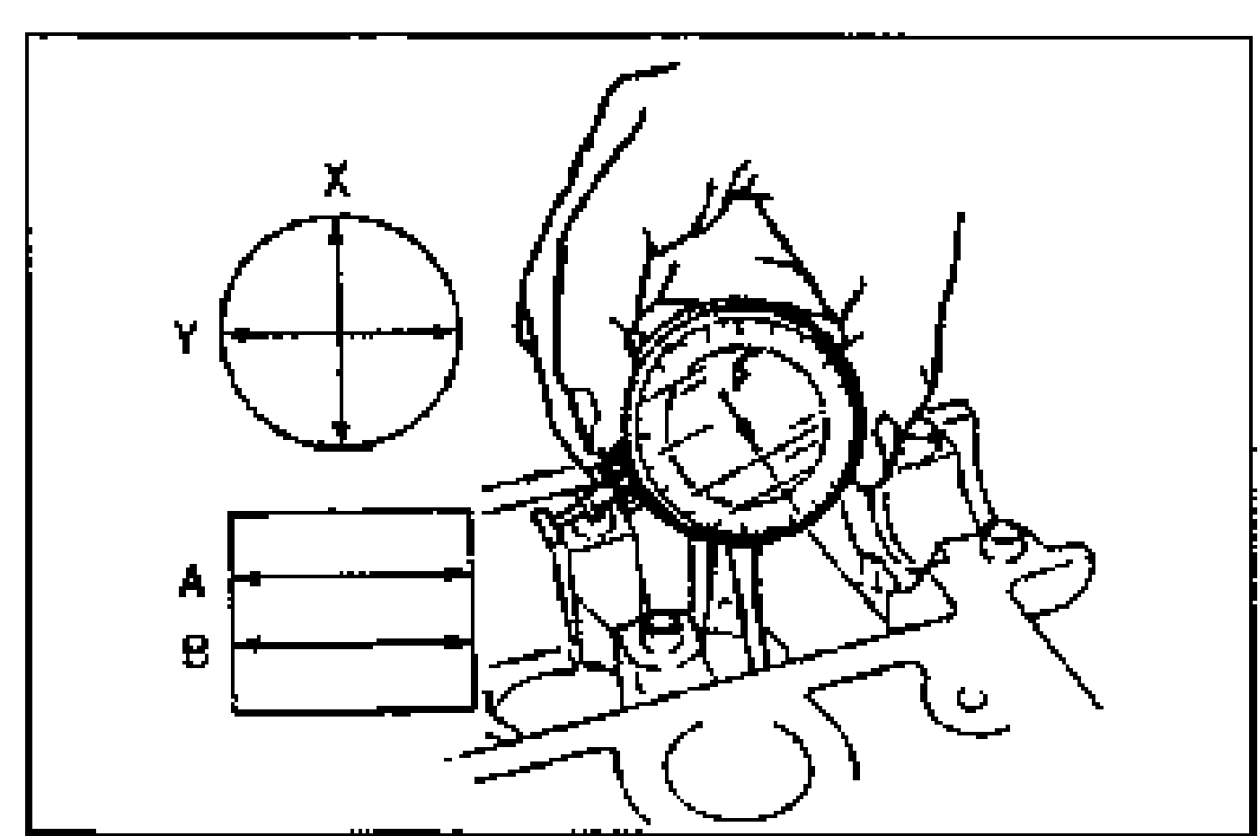 Measuring HLA bores in the cylinder head using an inside micrometer/gauge. X and Y direction crosshair shown at left; measurement points A and B indicated.