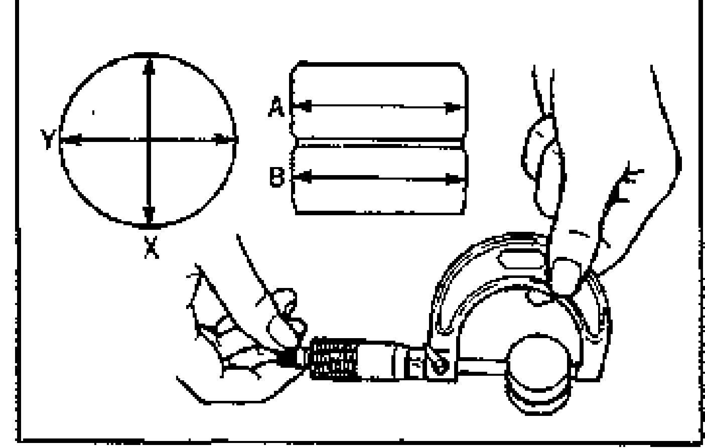 Measuring HLA outer diameter with a micrometer in X and Y directions at points A and B. Crosshair X/Y at left, A and B span arrows at center.