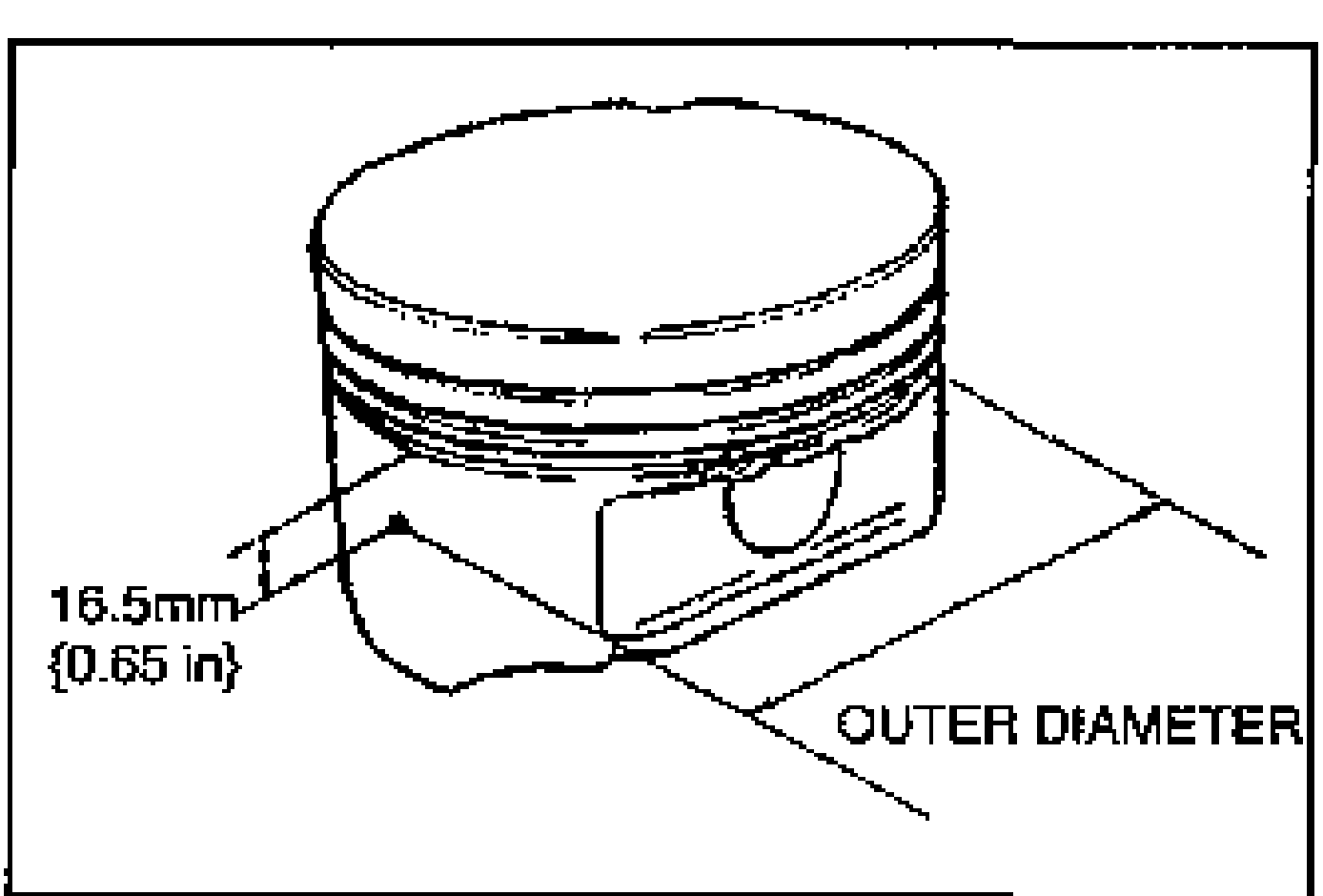 Piston outer diameter measurement diagram. Dimension 16.5mm {0.65 in} below the oil ring land lower edge; labeled 'OUTER DIAMETER'.