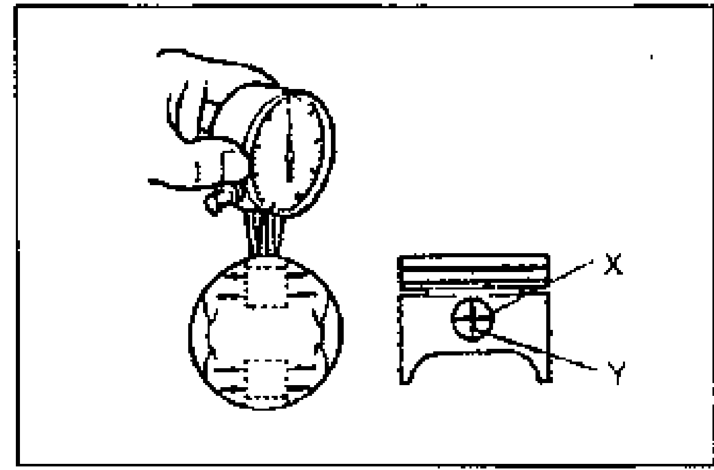 Measuring piston pin bore diameter with a dial gauge; X and Y measurement directions shown on a piston cross-section at right.