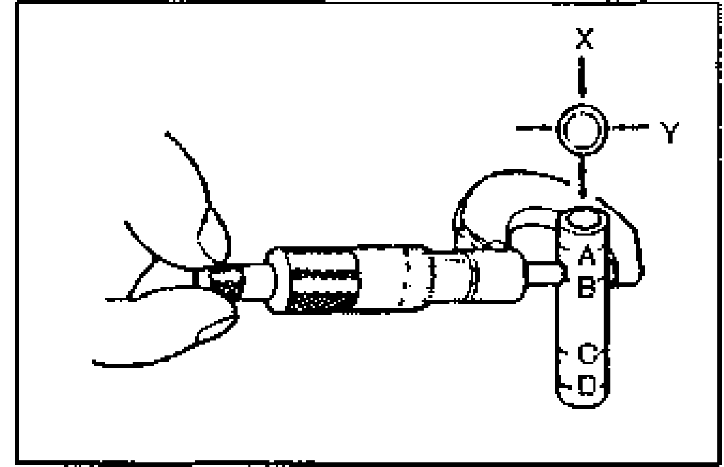 Measuring piston pin diameter with a micrometer in X and Y directions at four points (A, B, C, D); crosshair X/Y at top.