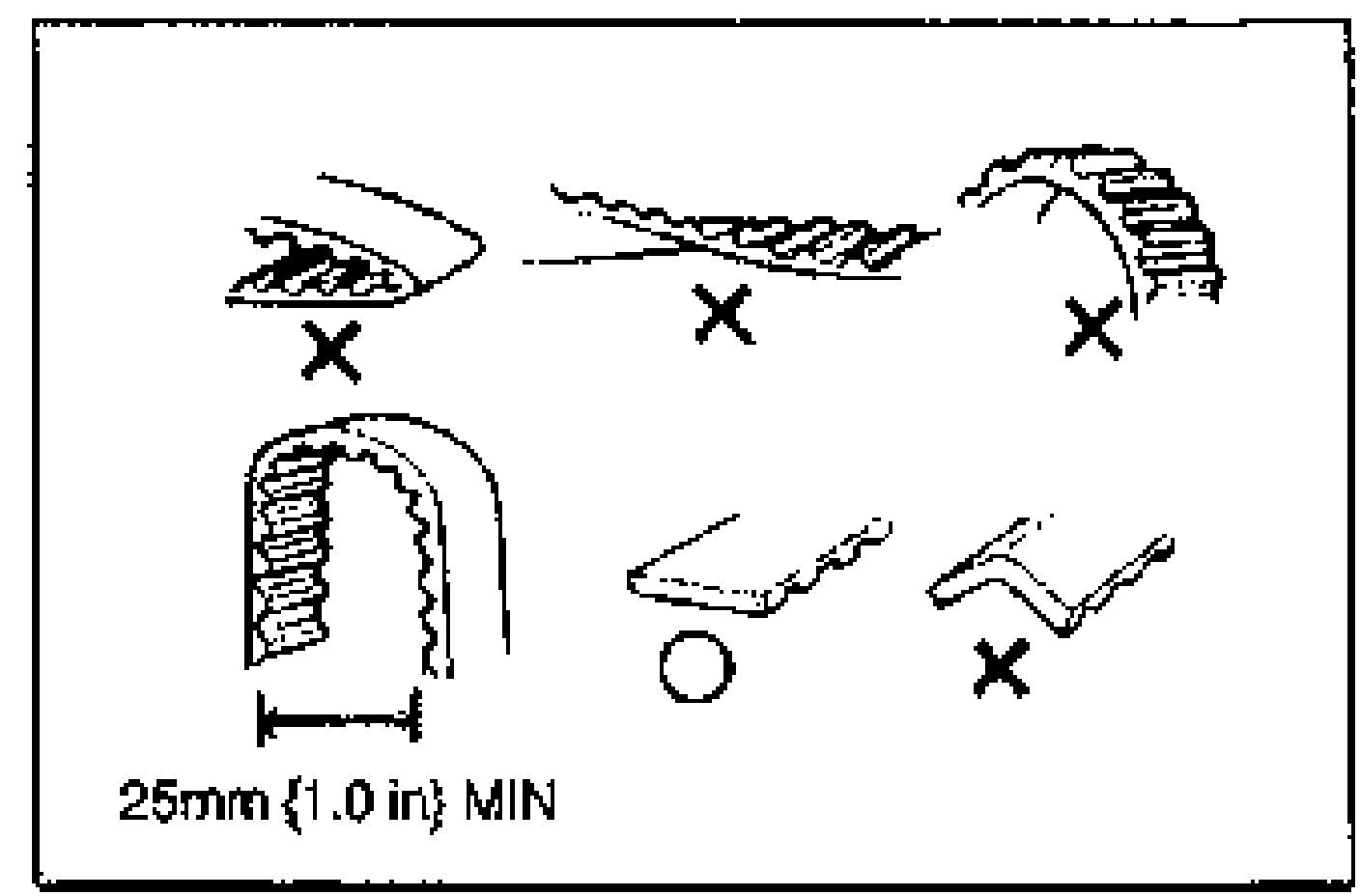 Timing belt inspection: examples of unacceptable belt conditions (torn teeth, cracks, hardened back) marked with X. Minimum belt bend radius shown as '25mm {1.0 in} MIN'.