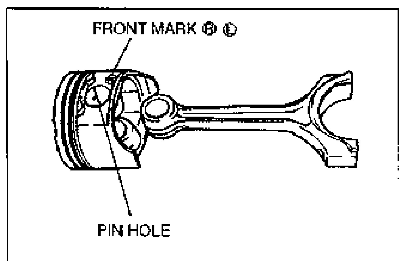 Piston and connecting rod assembly orientation. FRONT MARK (circled F / circled C) on the piston crown and PIN HOLE indicated; arrows point from labels to features.